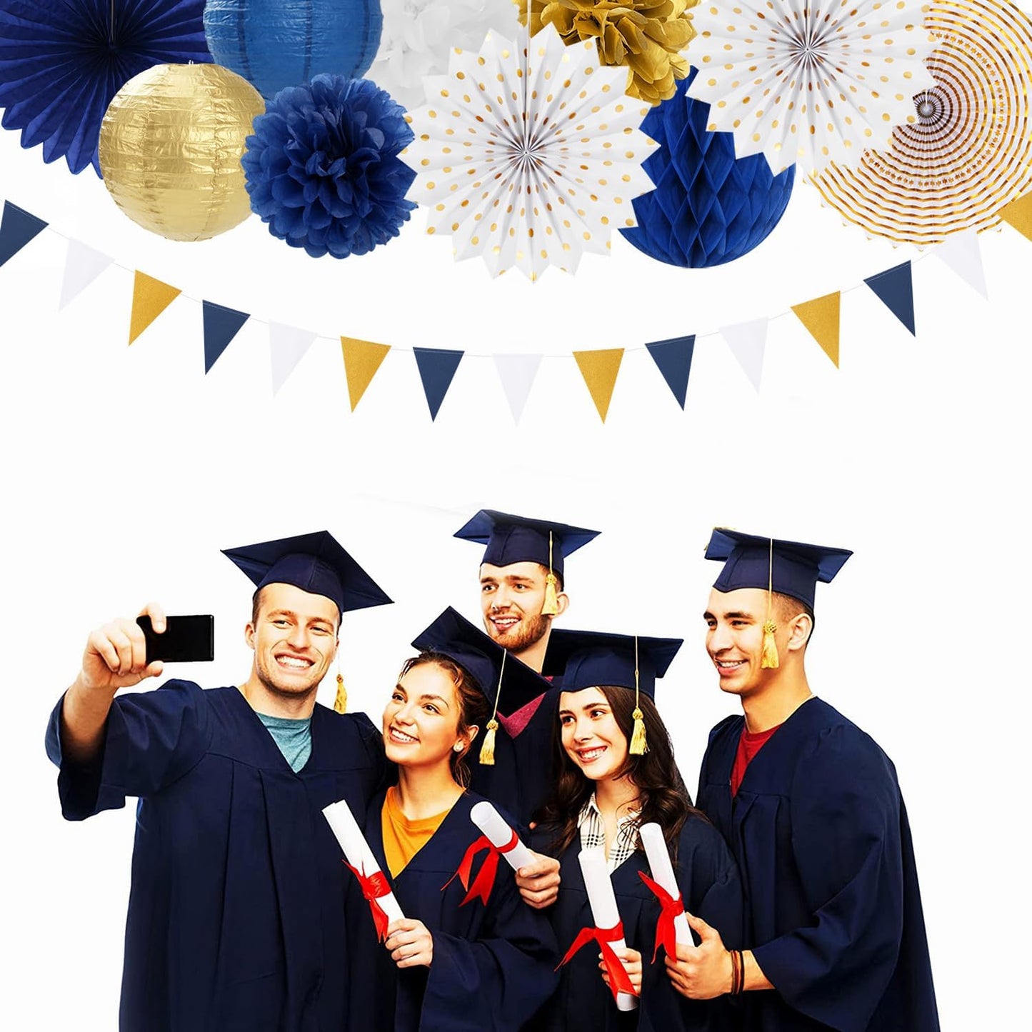 Navy-Blue White Gold Party-Decorations - 20pcs Graduation 2025 Paper Lanterns Fans,Tissue Pom Poms,Honeycomb Ball,Birthday Bridal Celebration Bachelorette Baby Shower Wedding Homecoming Decor Burgleda