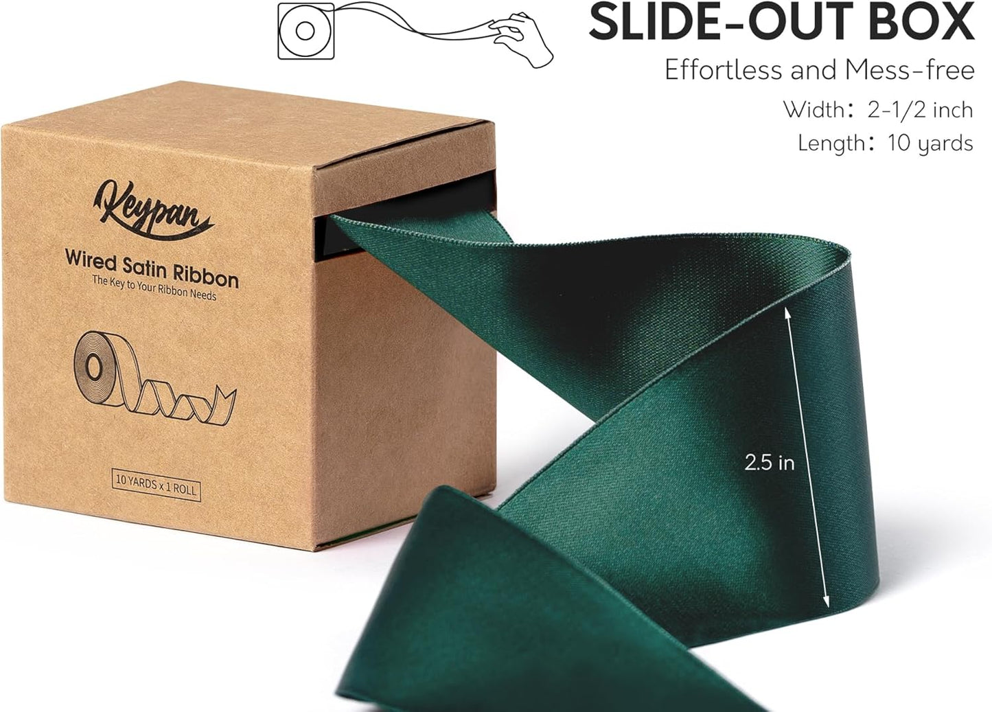 Green Satin Ribbon Double-Faced Wired Ribbons for Gift Wrapping Flower Bouquet Bows Wedding Invitation Christmas Decor Crafts 2-1/2 Inch 10 Yards