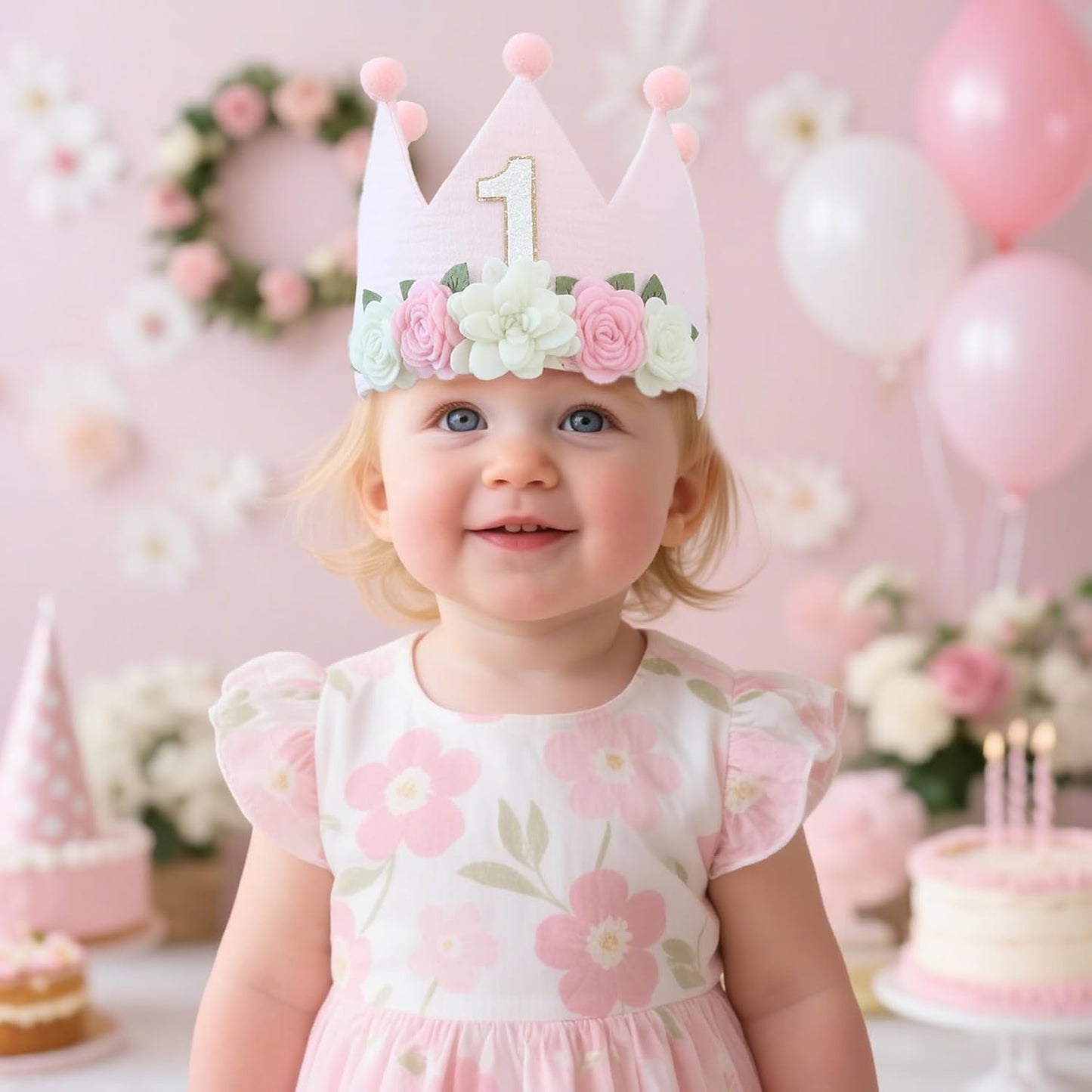 Muslin Crown Hat 1-3 Birthday For Baby Boy Girl Party Decoration Blue Pink Headband