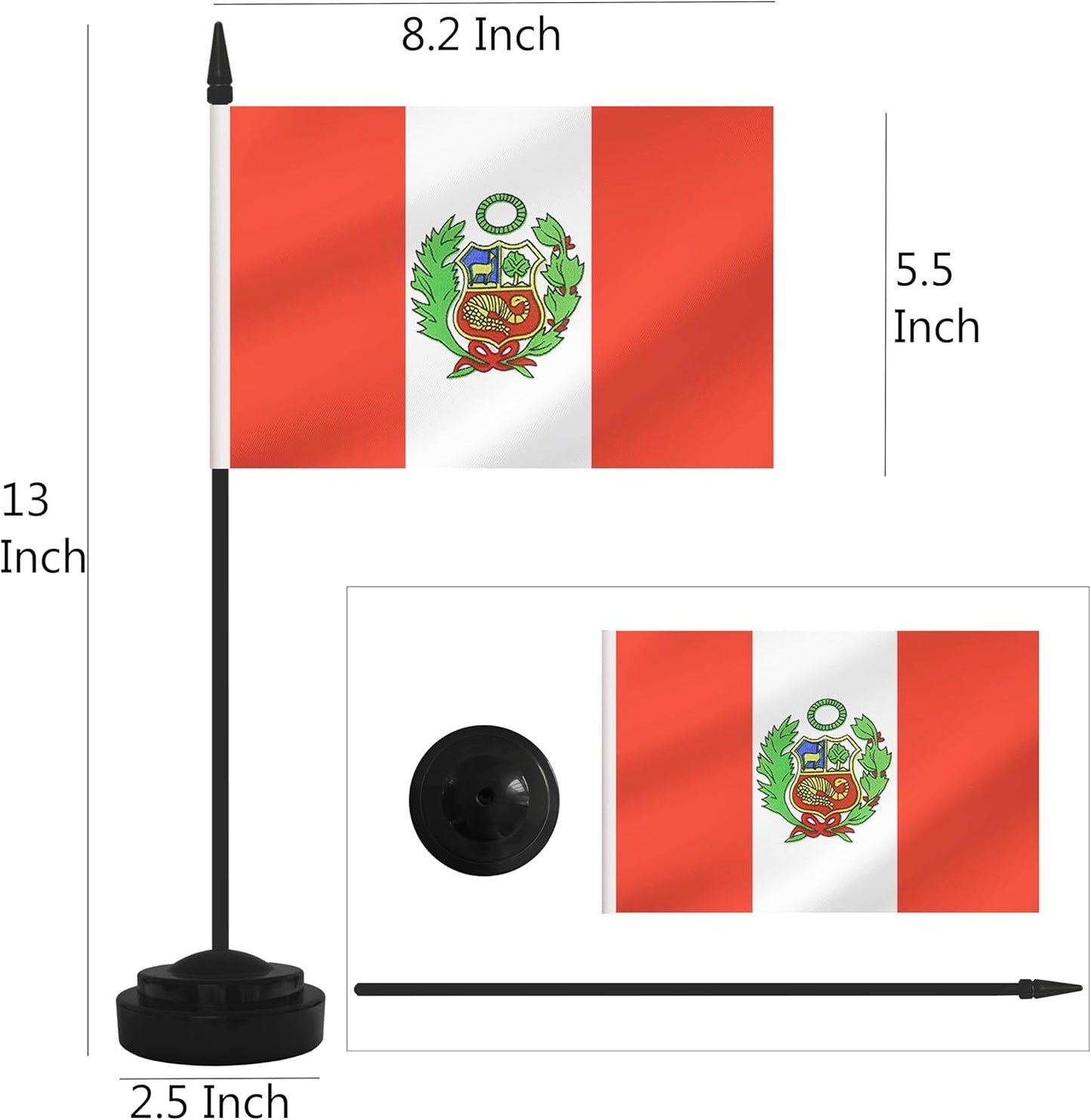 2 Pack Peru Desk Flag Set, Peruvian Desktop Small Miniature Table Office Flag with 12" Black Pole and Black Base, Offices, Classroom, Home, Festival Decoration (Peru)
