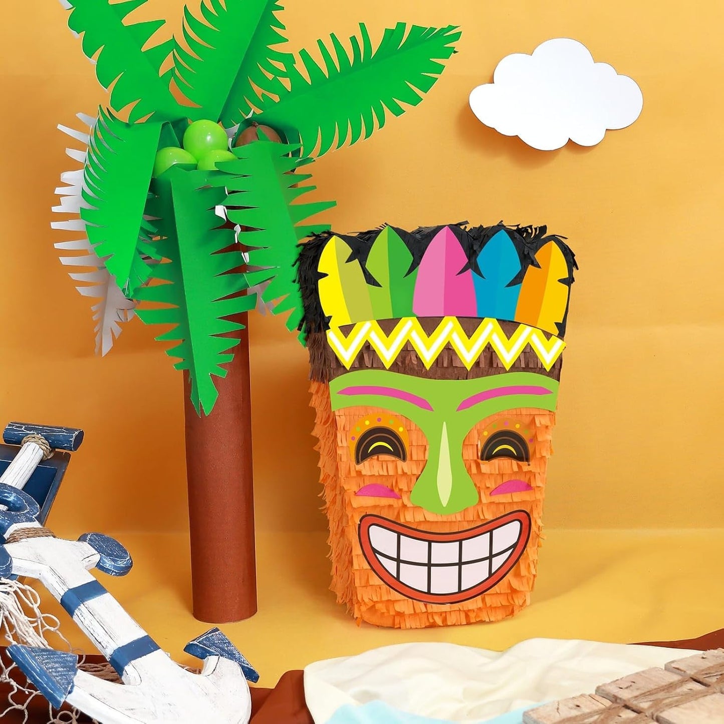 WERNNSAI Tiki Piñata -Tropical Hawaii Piñata with Blindfold and Bat for Girls Boys Kids Piñata Hawaiian Luau Themed Party Decorations for Summer Birthday Party Supplies Carnivals Festivals Celebration