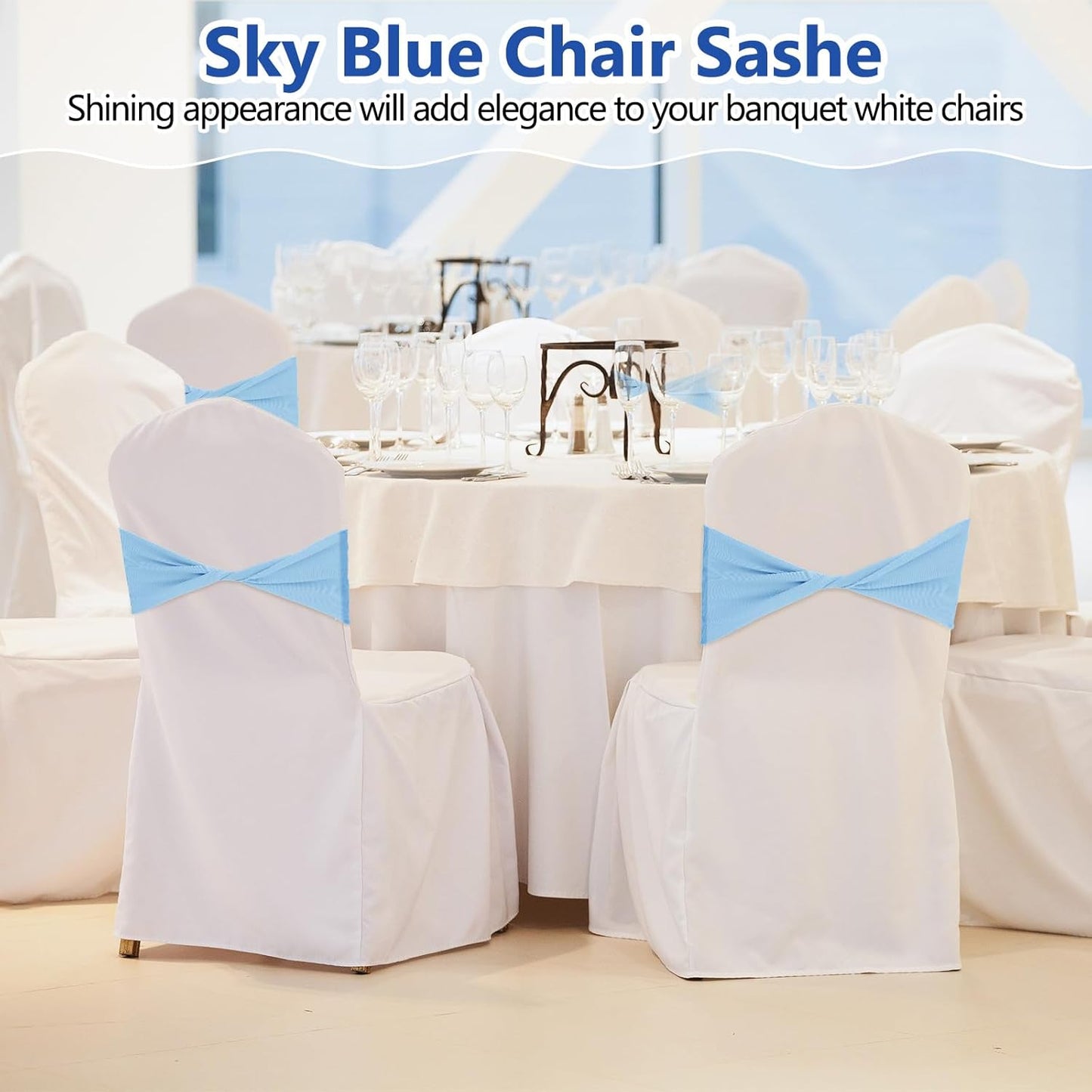 Kinlop 50 Pcs Spandex Chair Sashes Bows Chair BandB0C3V282KGs Slider Sashes for Covers Elastic Bands Ties Without Buckle Decorations for Wedding Party Events Ceremony Birthday(Sky Blue)