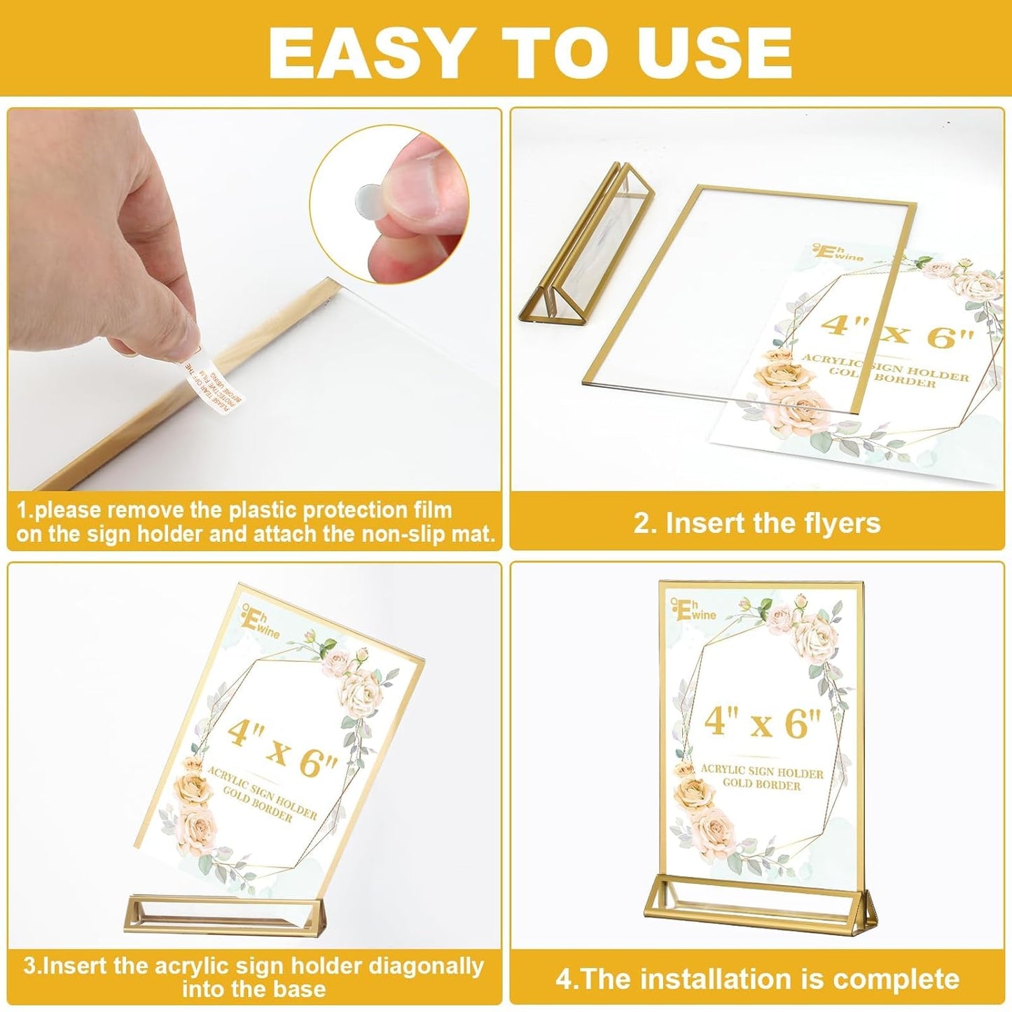 EHWINE 14 Pack 4×6 Clear Acrylic Sign Holder with Gold Borders and Vertical Stand, Double Sided Table Menu Holders Picture Frames for Wedding Table Numbers, Restaurant Signs, Photos and Art Display