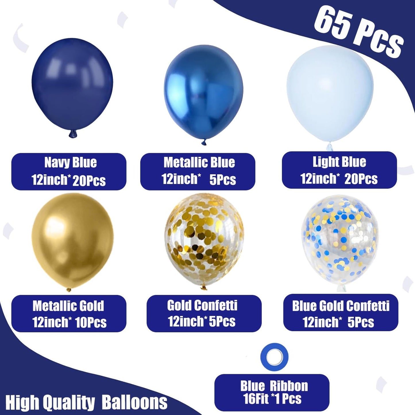 Blue and Gold Balloons,65pcs 12 inch Navy Blue Balloon Metallic Blue Gold Confetti Balloons for Graduation,Birthday, Wedding, Bridal Shower, Baby Shower Party Decorations