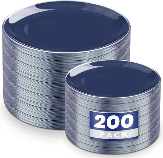 KIRE 200PCS Blue Plastic Plates with Silver Rim - Navy Blue Plastic Plates Include 100 Dinner & Dessert Plate - Heavy Duty Dark Blue Disposable Plate for Parties/Wedding