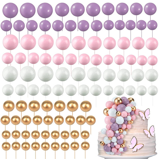 108 Pcs Balls Cake Topper DIY Cupcake Insert Foam Balloons for Cake Baking Wedding Anniversary Birthday Decoration(Pink, Purple, White, Gold,Multi Sizes)