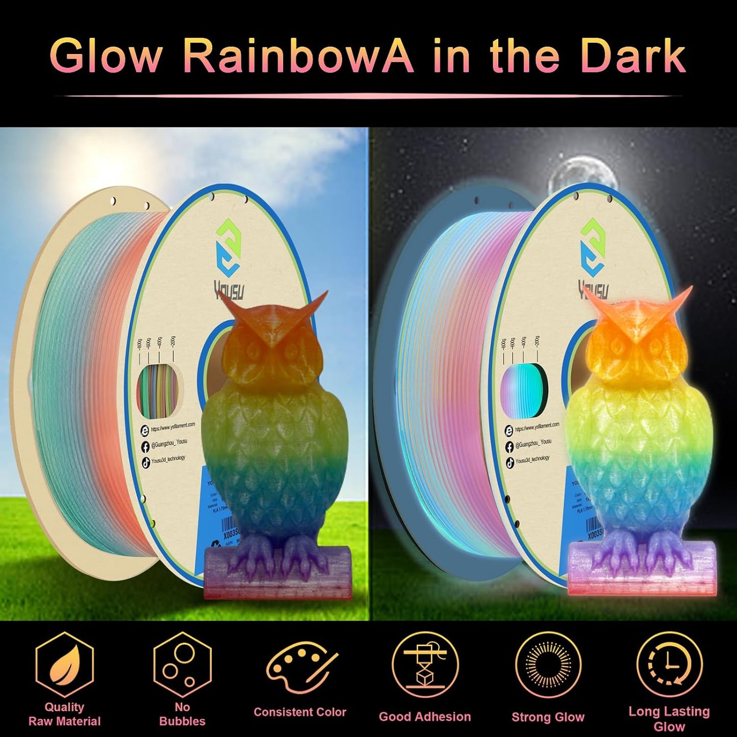YOUSU PLA Filament Glow in The Dark Multicolor，Rainbow PLA Filament, Gradient 3D Printer Filament Color Change, 1kg(2.2lbs) Spool.