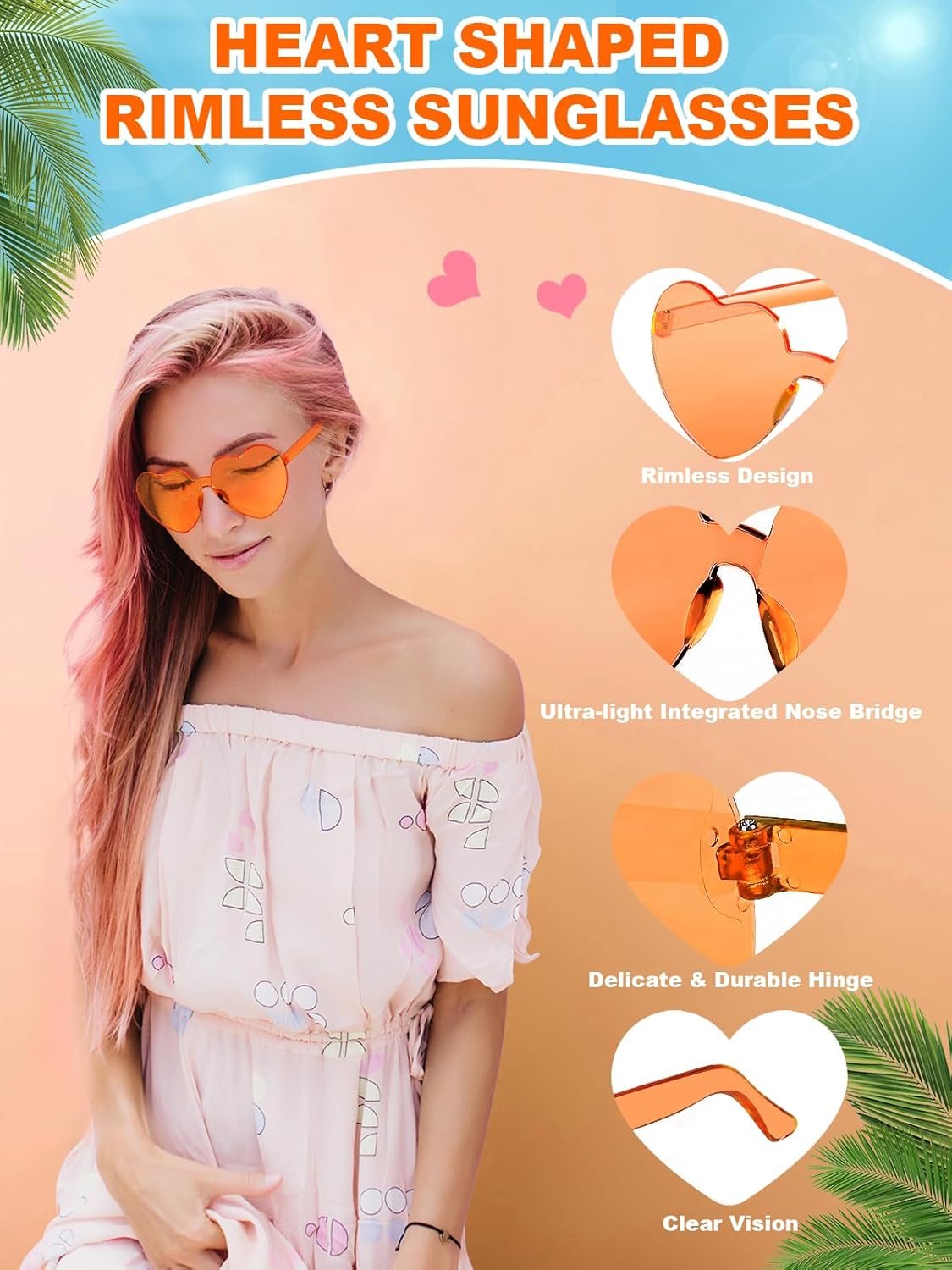 12 Pairs Heart Shaped Sunglasses for Women Colorful Glasses Fun Trendy Transparent Heart Sunglasses Party Favor (Orange)