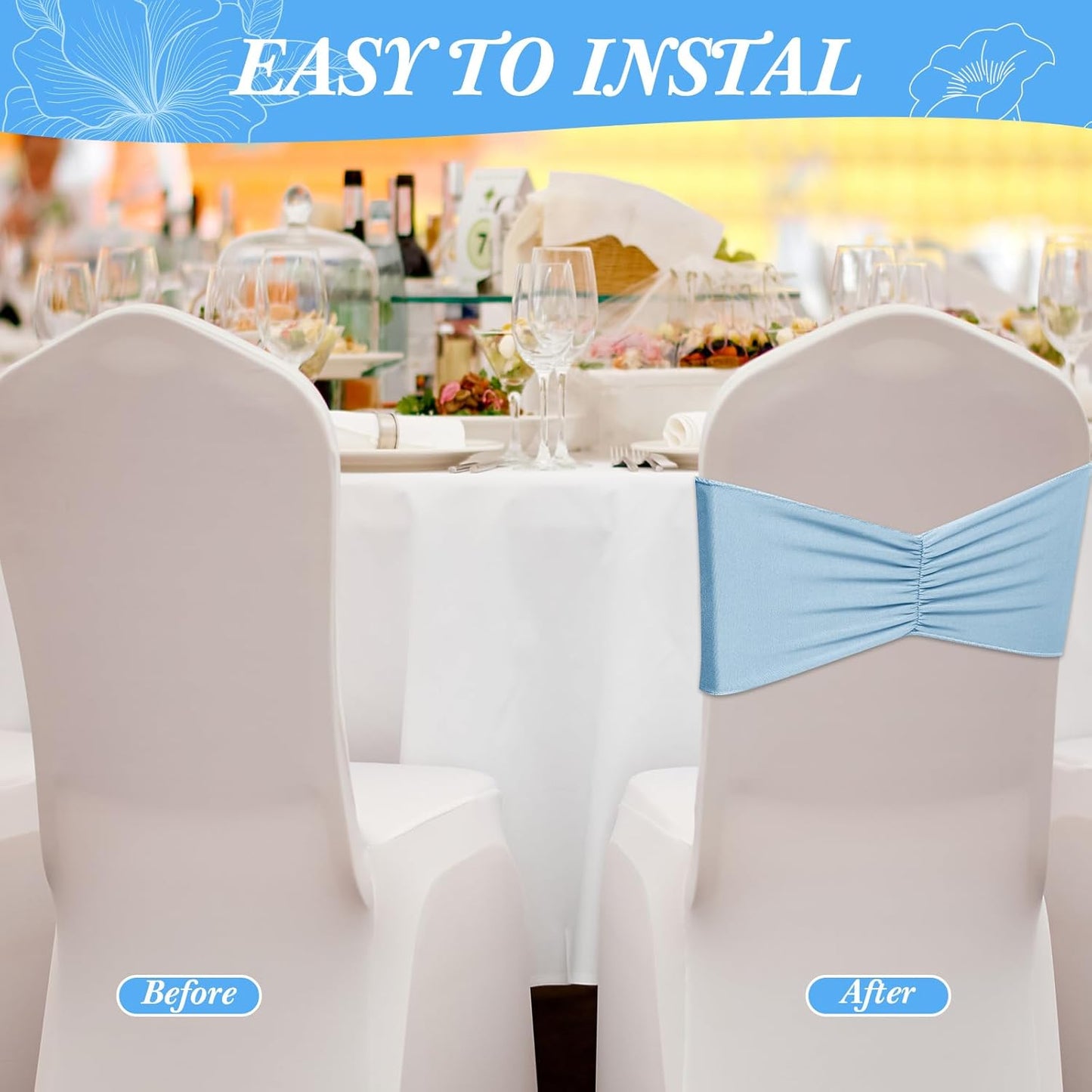 Moukeren 100 Pcs Spandex Chair Sashes Bows Bands Slider Sashes for Chair Covers Elastic Bands Ties Ribbon Decorations for Wedding Party Events Ceremony Birthday Banquet(Sky Blue)