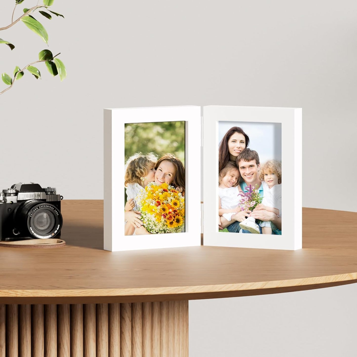 decorUhome Double 4x6 Picture Frame Vertical, Engineered Wood Bifold Photo Frame with Plexiglass for Tabletop Display, 4x6, White