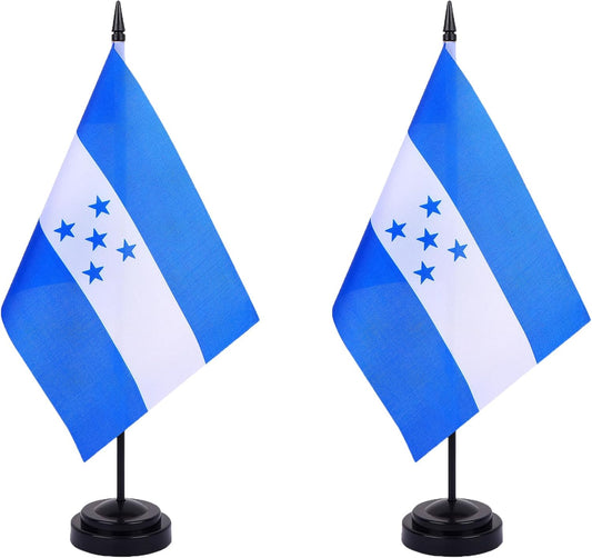 WXTWK 2 Pack Honduras Flag Honduras Deluxe Desk Flag Set - Mini Small Honduran Table Office Flags with Black 12" Solid Pole Stand Base Classroom Meeting Desktop Decorations
