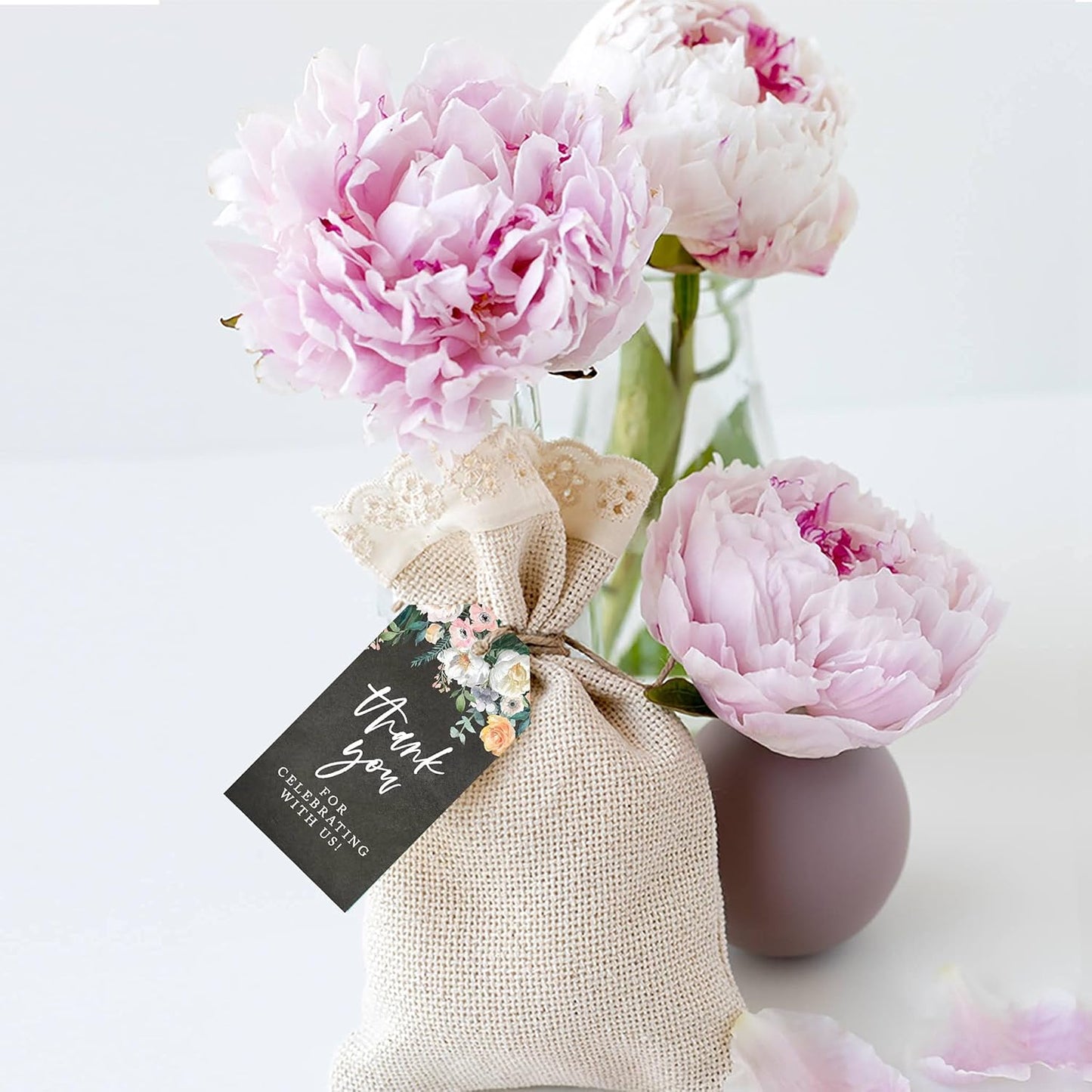 Andaz Press 100-Pack Thank You for Celebrating with Us Favor Tags Chalkboard Florals Cardstock Gift Tags with Bakers Twine for Wedding Baby Shower Bridal Shower Birthday Party Favors 2 x 3.75-Inches