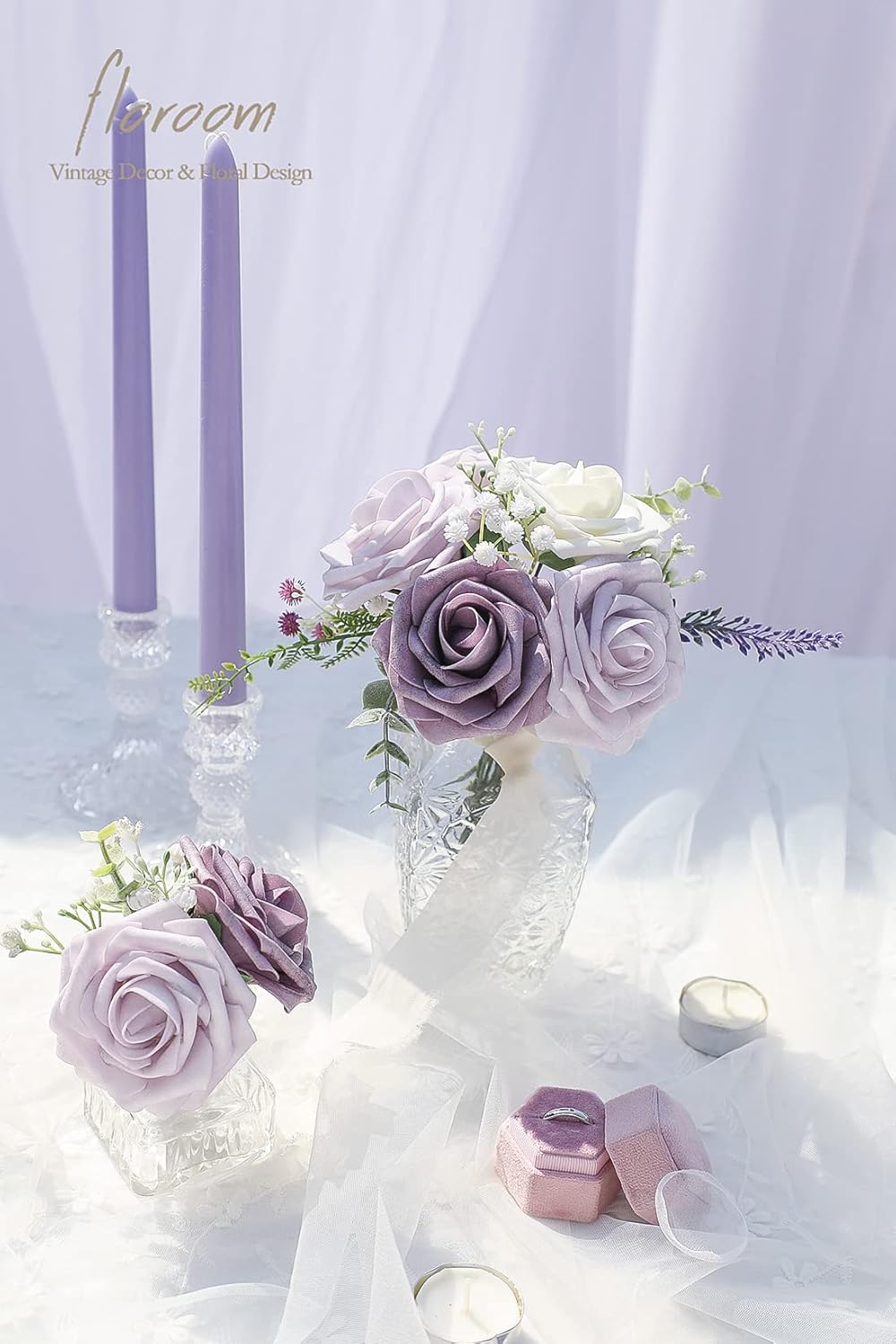 Floroom Artificial Flowers 50pcs Real Looking Lavender African Violet Purple Foam Fake Roses with Stems for DIY Wedding Bouquets Bridal Shower Centerpieces Floral Arrangements Party Tables Decorations