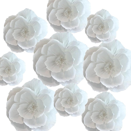 BRT Bearingshui Crepe Paper Flowers Decoration for Wall Total 9 Pcs, Artificial Flowers for Wedding Decor,Flower Backdrop Decor, Baby Bridal Shower Birthday Party, White 3D Wall Flowers Decor