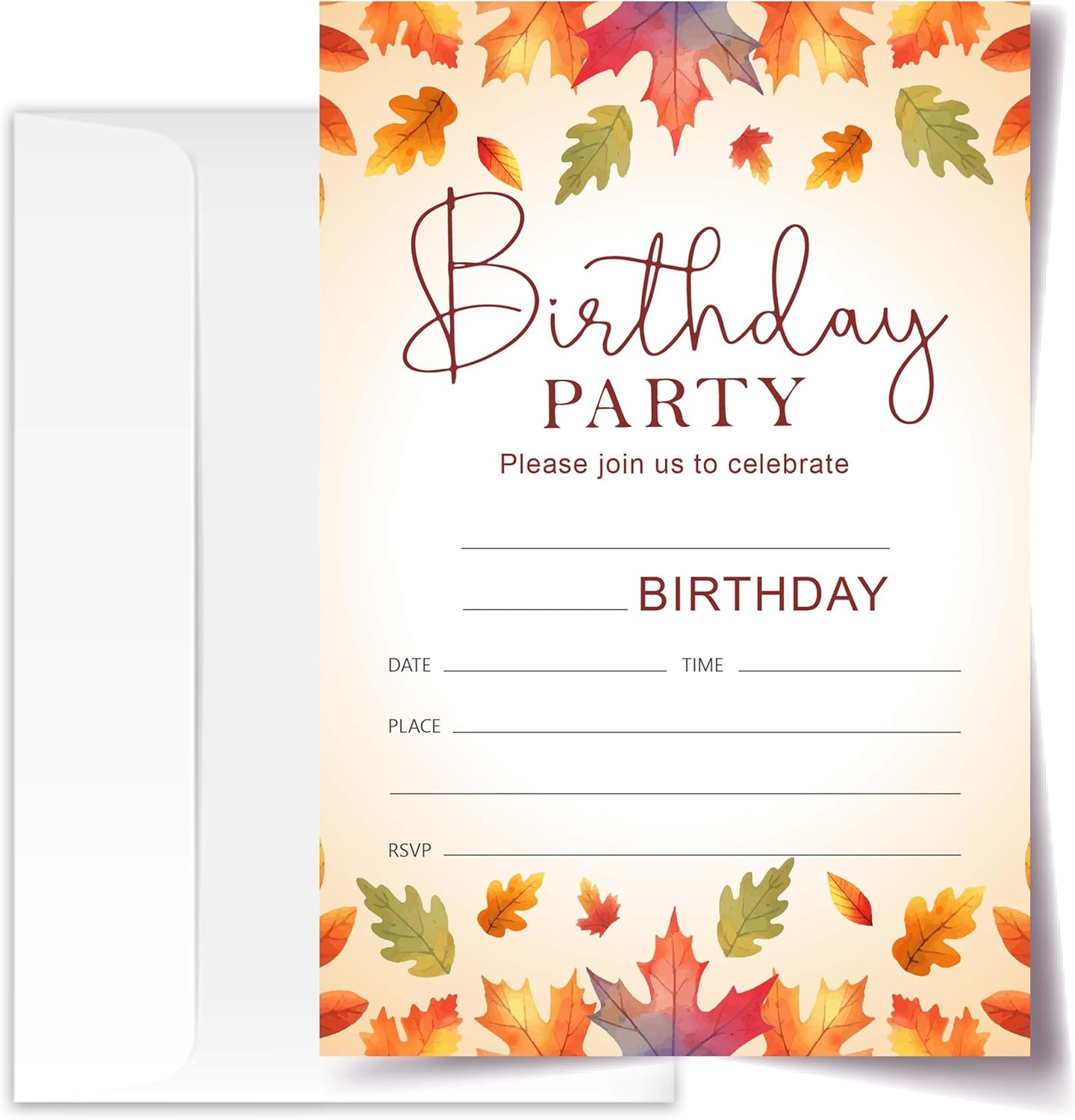 Fall Birthday Invitation Cards with Envelopes Pack of 20 (4"x6") - Leaf Autumn Themed Birthday Party Invitations.(159)