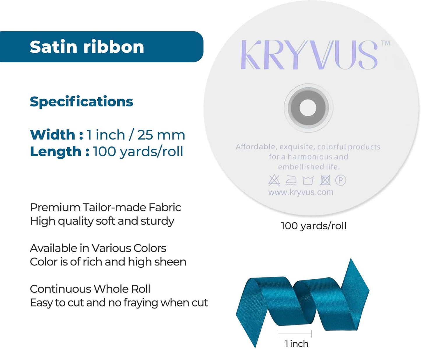 Turquoise Satin Ribbon 1 inch X Continuous 100 Yards, Single Face Polyester Ribbon Perfect for Gift Wrapping, Flower Bouquet, Wedding Decor, Crafts, Bow Making, Sewing and More