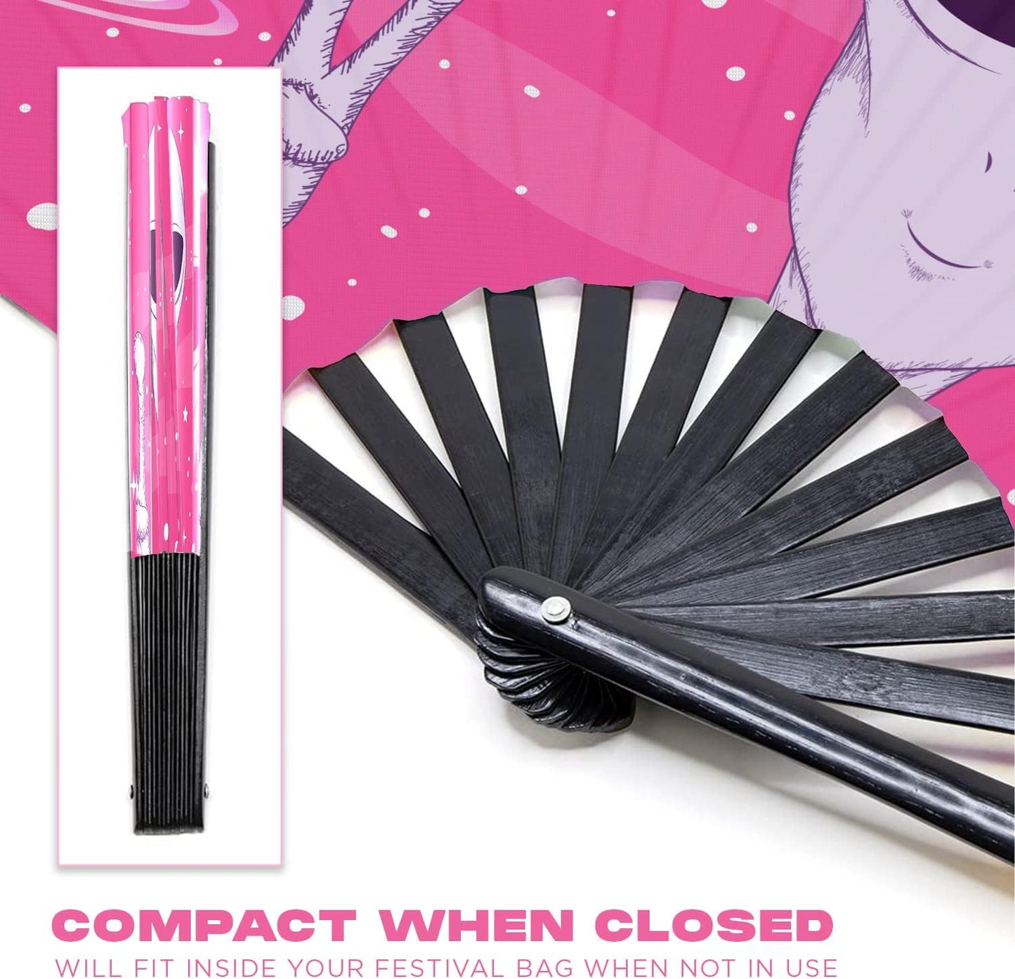 GloFX Rave Fan - Pink Alien - Large Folding Fan -Large Folding Fan for Rave Essentials, Festival Fans, and Alien Accessories - Hand Held Fan for Festival Outfits & EDM Vibes