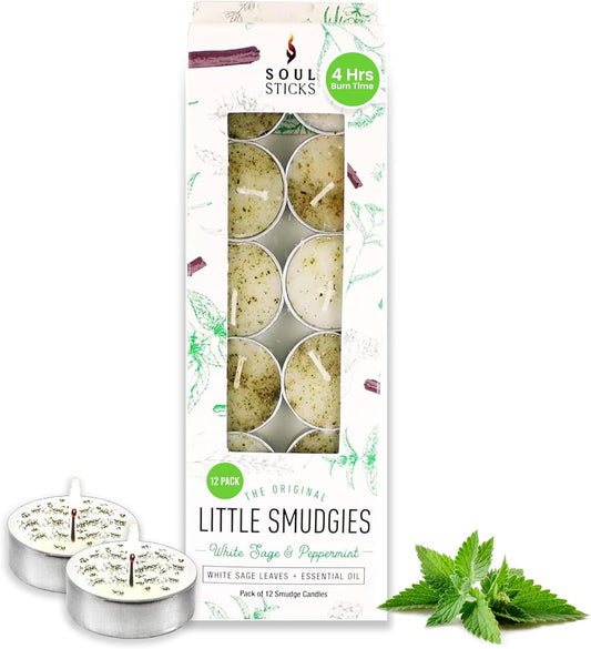 SOUL STICKS 12 Pack Little Smudgies Tealight Candles Smudge Candle for Cleansing House, Meditation, Chakra Healing | Made with Crystals and Herbs (White Sage & Peppermint)