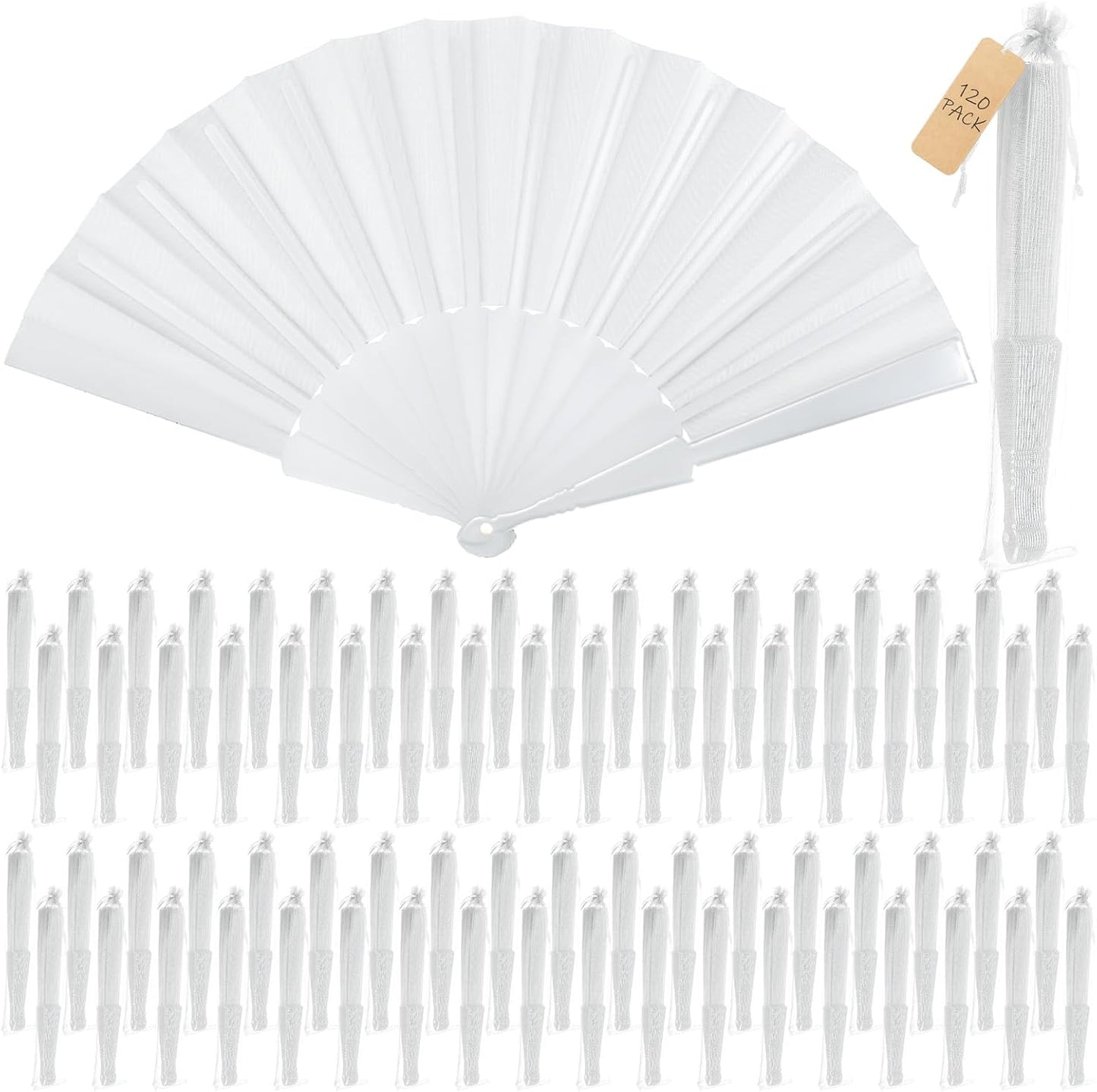 Wenqik 120 Pcs Wedding Folding Hand Fans Bulk Silk Fabric Chinese Handheld Foldable Clack Fans with Plastic Ribs for Party, Wedding Gifts, Line Dancing, Home Decorative (White)