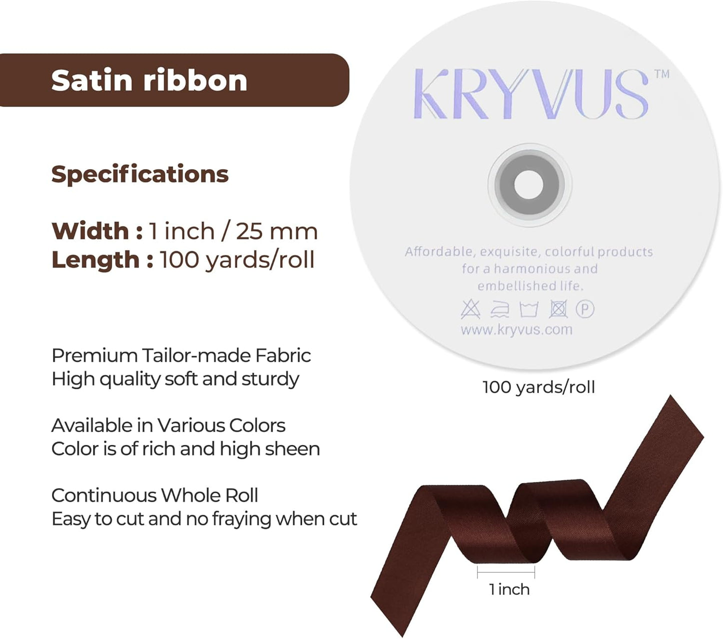 Dark Brown Satin Ribbon 1 inch X Continuous 100 Yards, Single Face Polyester Ribbon Perfect for Gift Wrapping, Flower Bouquet, Wedding Decor, Crafts, Bow Making, Sewing and More