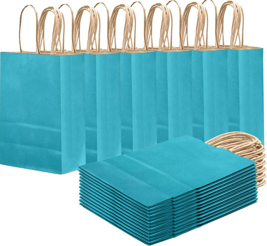 qiqee Sea Blue Gift Bag with Handles Bulk 24Pcs Paper Bags -8.3"x6"x3. 15" Party Favor Bags - Solid Color