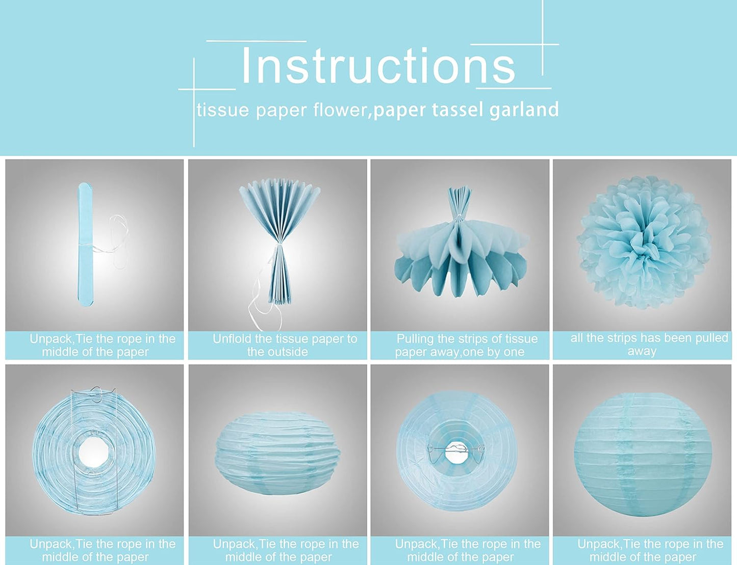 Blue Pink Purple Party Decorations - 15Pcs Tissue Pom Poms Paper Flowers Paper Lanterns Mermaid Birthday Party Baby Shower Lavender Wedding Hanging Decor