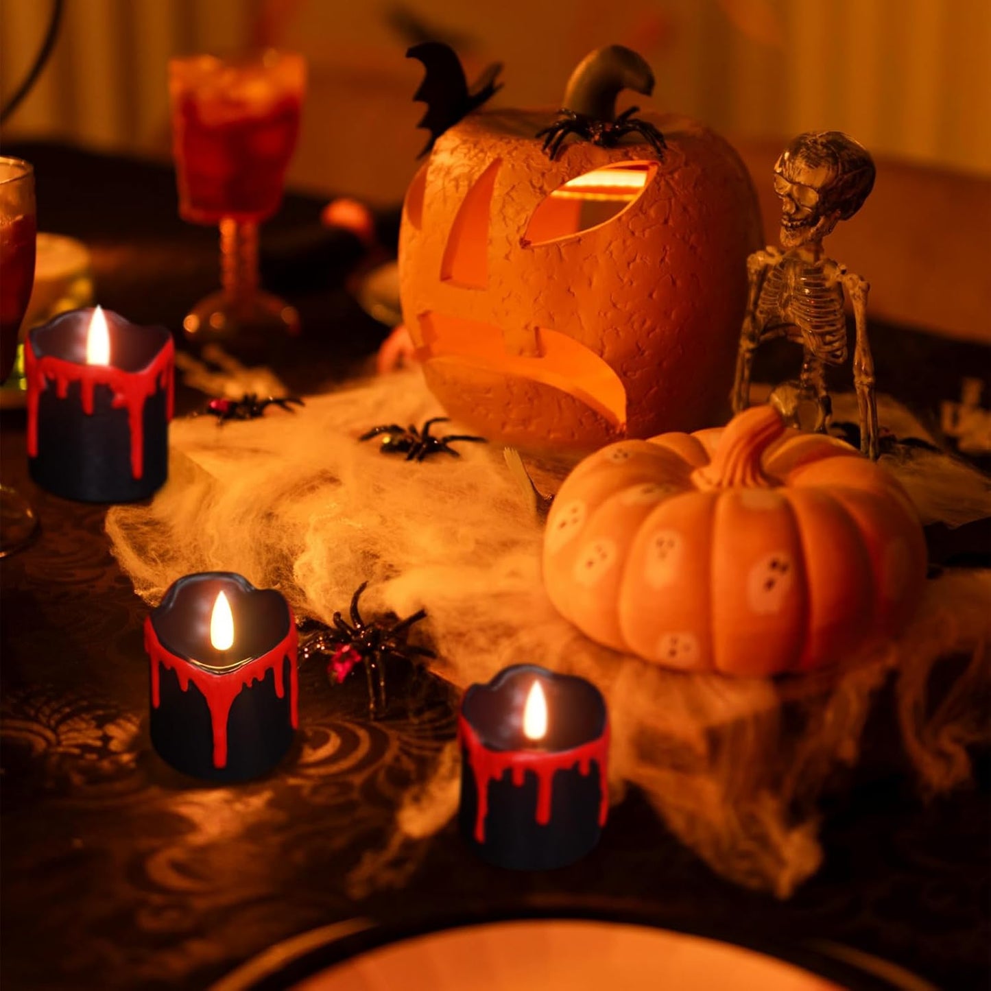 Halloween Black Votive Candles Battery Operated with Long Lasting CR2450 Batteries, LED Flameless Flickering Candles with 6H Timer, 6Pcs Black and Red Drip Wax Candle Gothic Home Decor