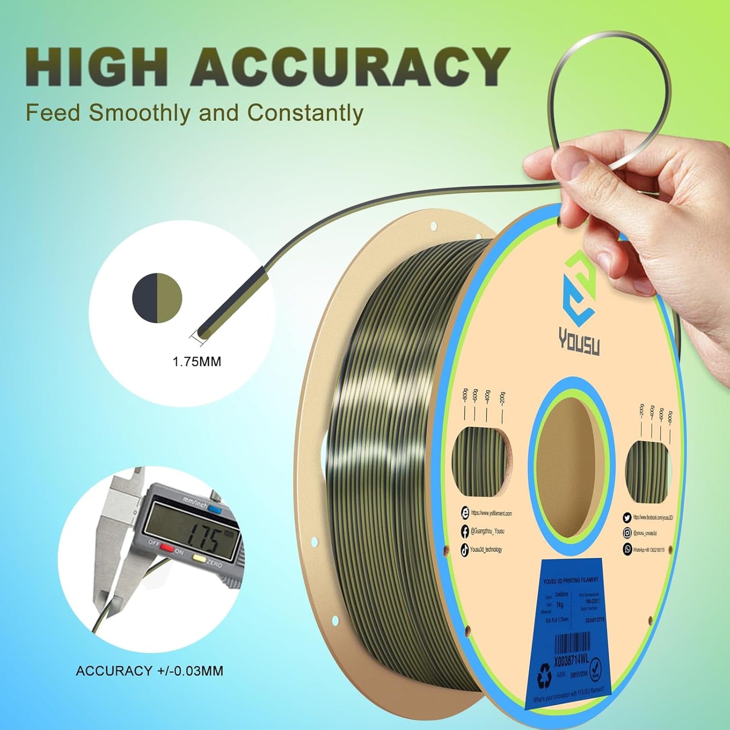 YOUSU Silk Dual Color PLA Filament, Coextrusion Filament, Multicolor 3D Printer Filament 1kg, Dichromatic Filament 1.75mm (± 0.03 mm) Compatible with Most of 3D Printer, Silk Silver Bronze