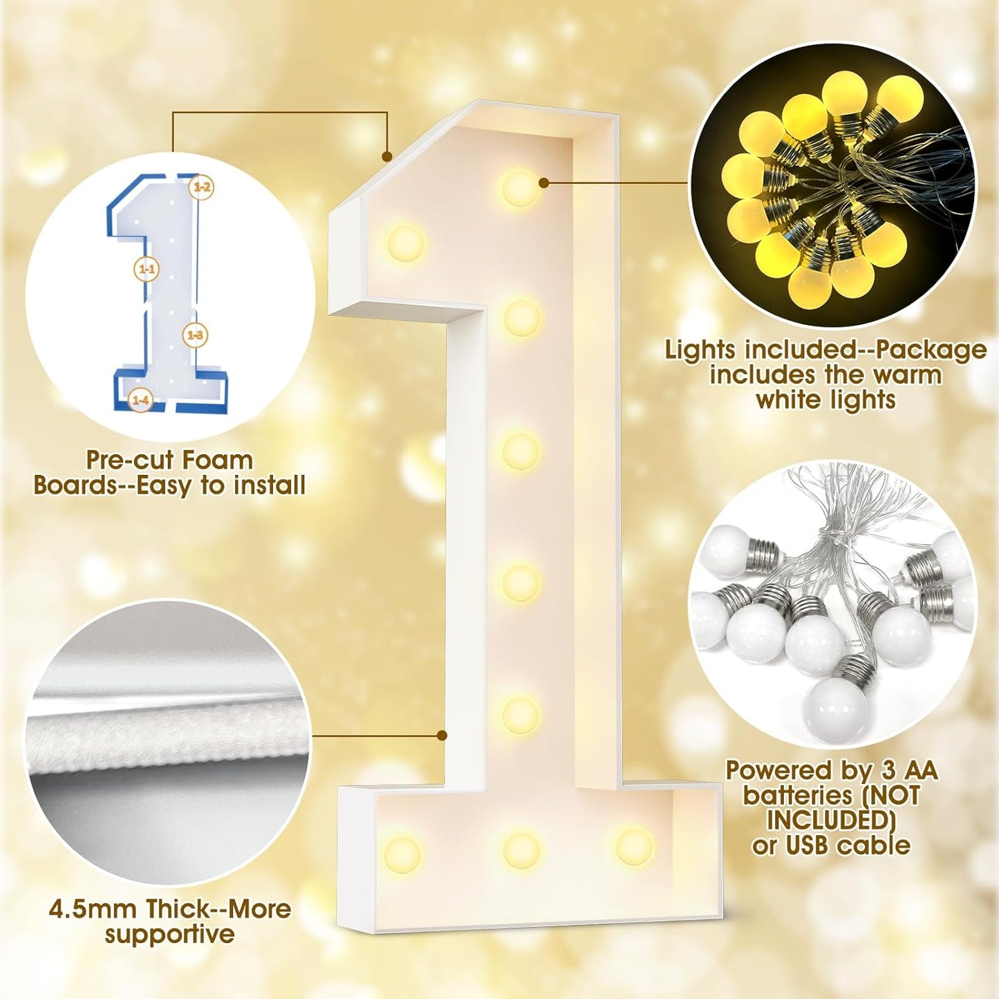 Ledido 4FT Marquee Light Up Letters Large Light Up Letters for Party Decoration, Marquee Letter for Birthday Graduation Baby Shower Wedding, Pre-cut Foam Board Assembly Required Letter I