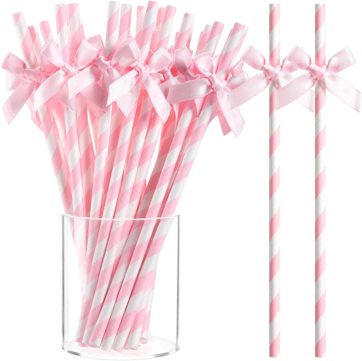 100 Pcs Pink Paper Straws for Drinking, Bow Disposable Striped Paper Straws Bulk Pink Theme Birthday Party Supplies for Wedding Cake Decorations Bachelorette Baby Shower