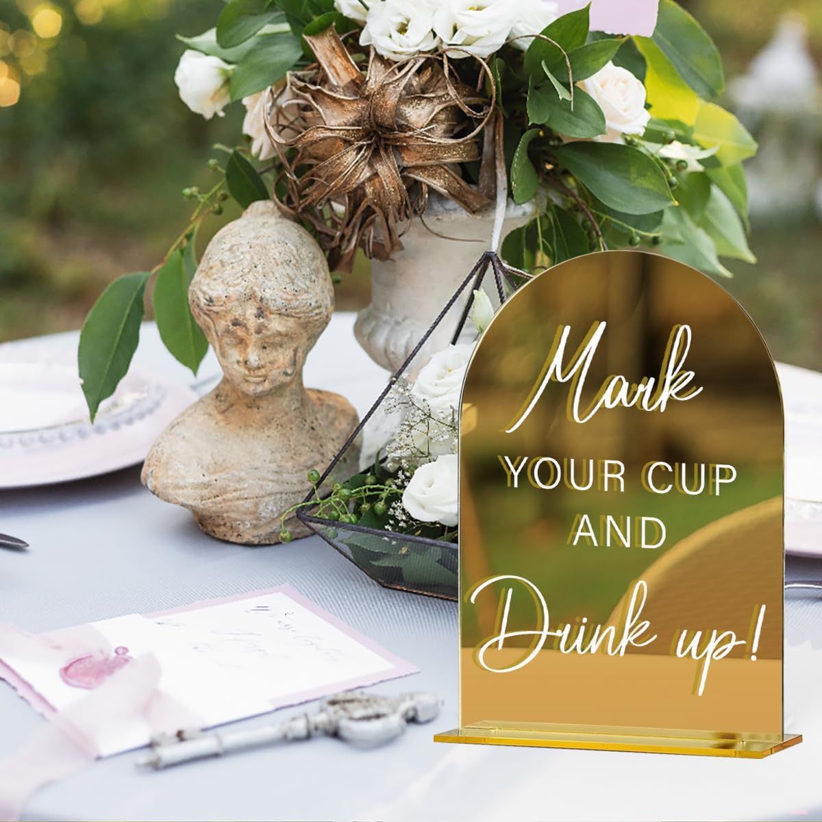 Acrylic Wedding Sign, Bridal Shower Decorations, Mark Your Cup and Drink Up Sign for Ceremony, Modern Font Table Signs, Gold Mirror Arched Acrylic Tabletop Signs for Wedding Reception and Event Party