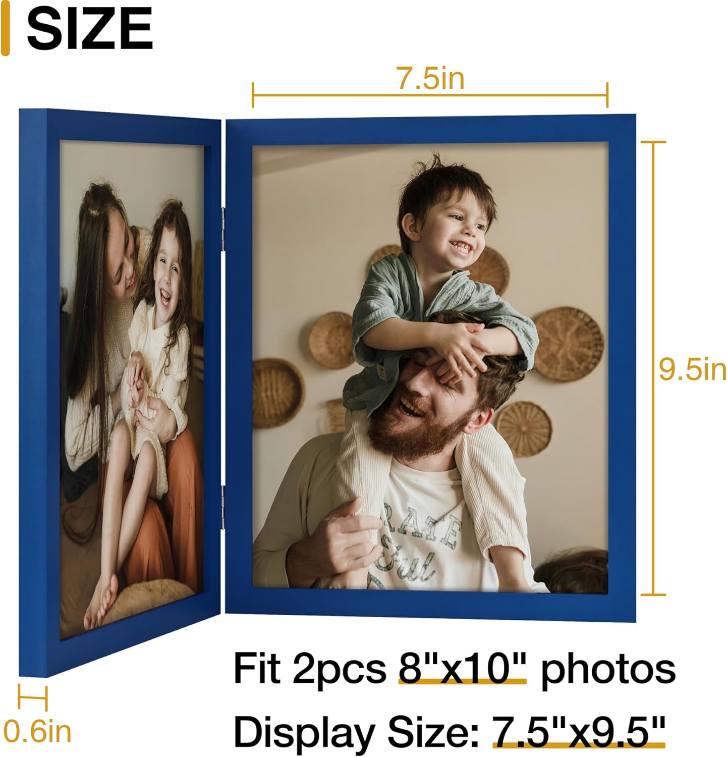 decorUhome Double 8x10 Picture Frame Vertical, Engineered Wood Bifold Photo Frame with Plexiglass for Tabletop Display, 8x10, Royal Blue
