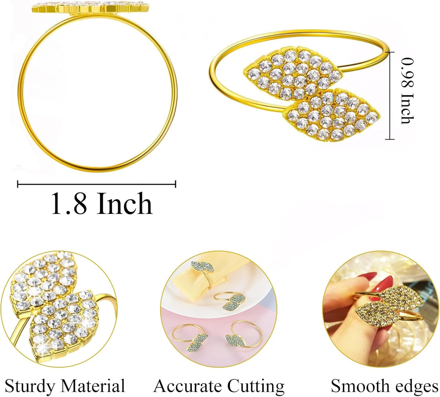 Set of 100 Napkin Rings Metal Gold Elegant Bling Leaves Rhinestone Napkin Ring, Napkin Rings Bulk Dinner Banquet Serviette Decor, Dining Table Setting for Thanksgiving Christmas Holiday Wedding Party