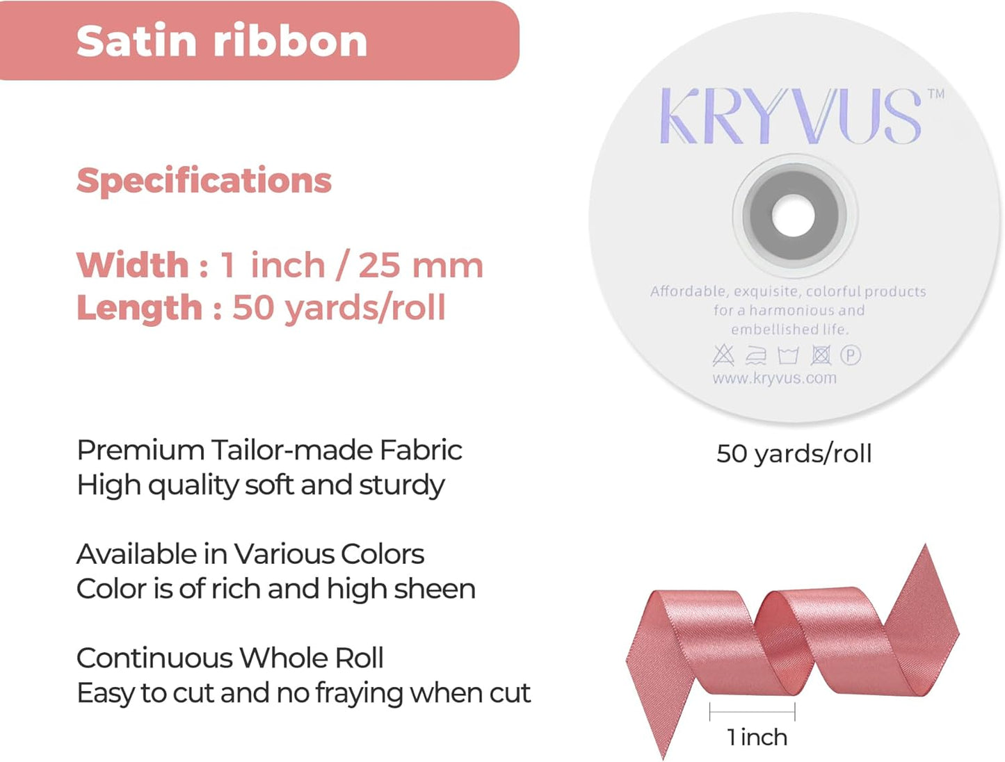 Rose Gold Satin Ribbon 1 inch X Continuous 50 Yards, Single Face Polyester Ribbon Perfect for Gift Wrapping, Flower Bouquet, Wedding Decor, Crafts, Bow Making, Sewing and More