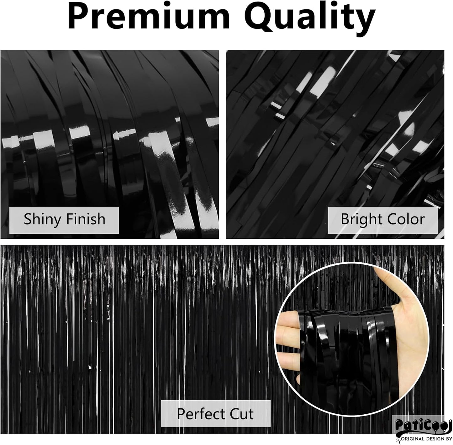 Halloween Decorations Black Streamers - Thicken 4 Pack 3.2 x 8.2 FT - Black Tinsel Foil Fringe Backdrop Curtains, Photo Booth Props for Birthday, Halloween, Retirement, Bachelor Party Decorations