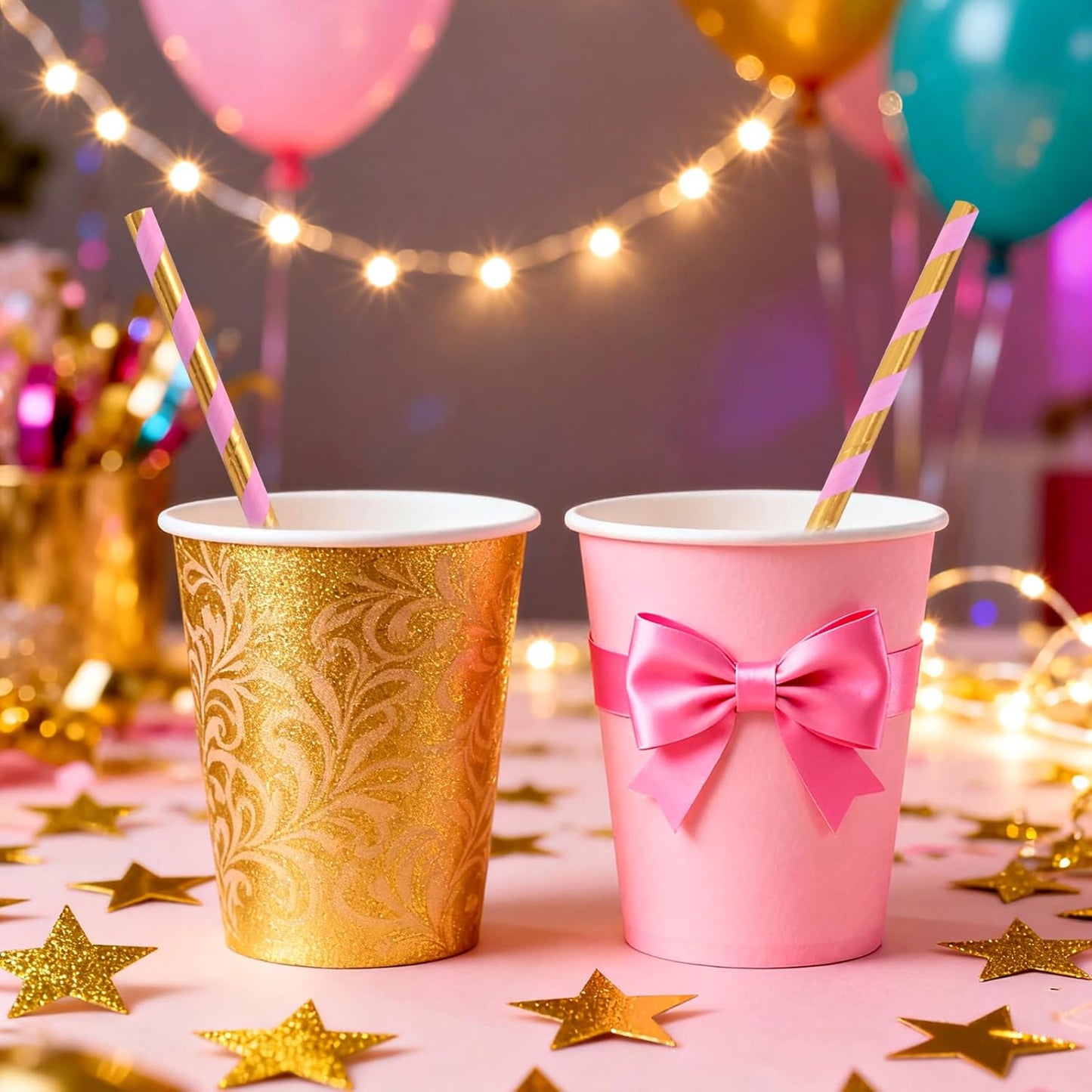 Paper Straws for drinking - Pink Gold Striped Biodegradable Disposable Paper Straws, 7.75 Inch, 100 Pieces