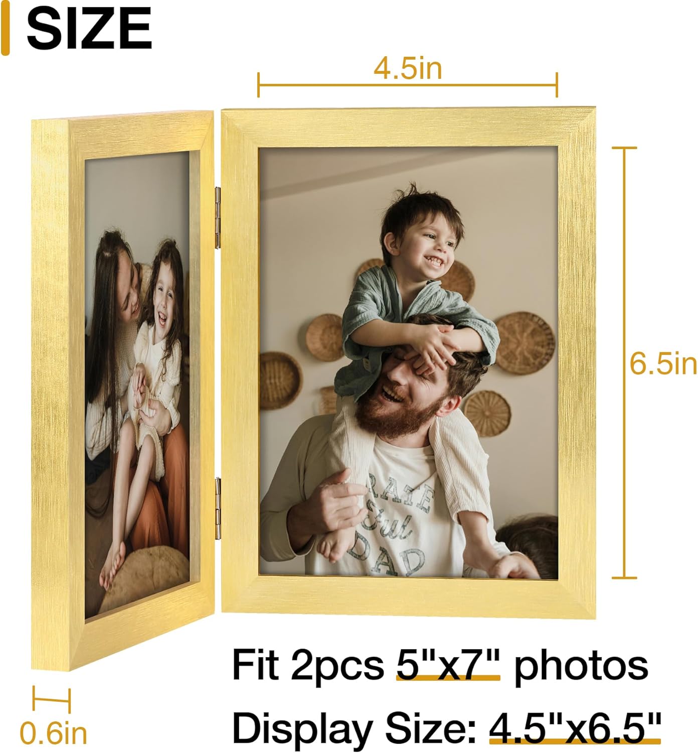 decorUhome Double 5x7 Picture Frame Vertical, Engineered Wood Bifold Photo Frame with Plexiglass for Tabletop Display, 5x7, Gold