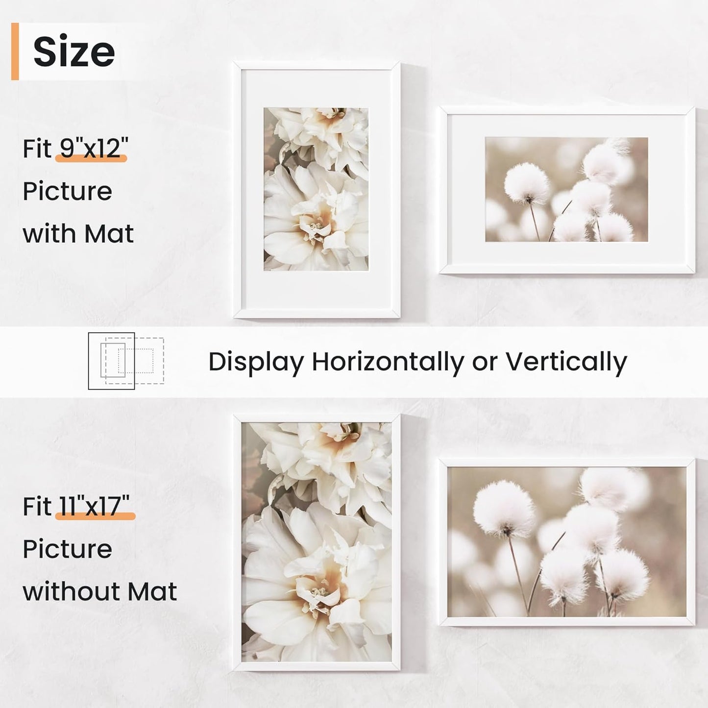 11x17 inch Picture Frame, 11x17 Photo Frames with 8x12 Removable Mat - High Definition Plexiglass - Vertical and Horizontal Display - Wall Hanging Frame - White, 5 Pack