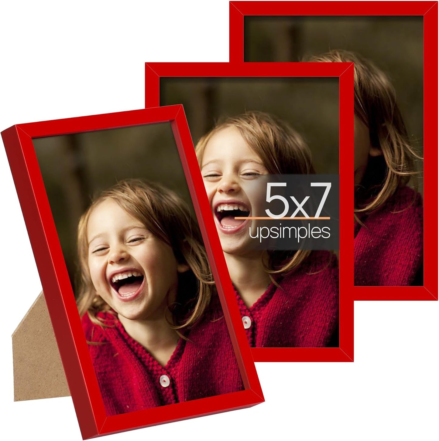 upsimples 5x7 Picture Frame Set of 3, Made of High Definition Glass for 5 x 7, Wall and Tabletop Display Thin Border Photo Frames for Home Decor, Red