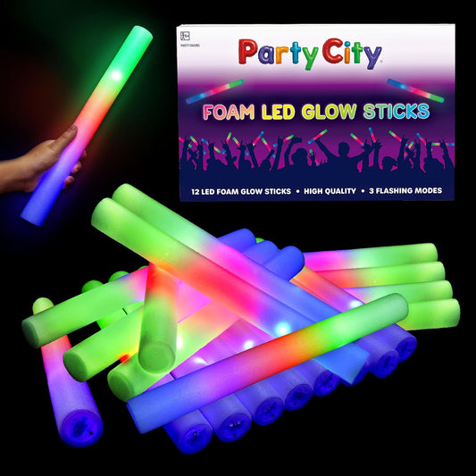 Party City 12pk LED Foam Glow Sticks 14”- Glow in the Dark Party Supplies Favors, Colorful Flashing Wand with 3 Modes, Foam Light Up Sticks Bulk Party Pack for Wedding, Birthday, Concert, Halloween