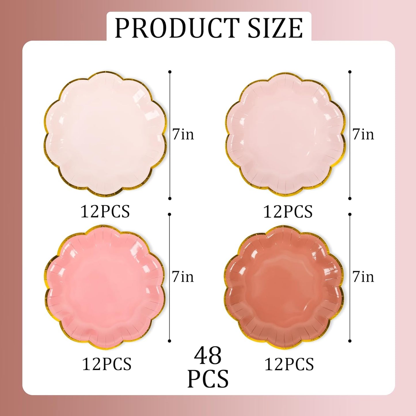Dusty Pink Gradient Color Dessert Paper Plates, 7 inch Gold Foil Scalloped Edge, Disposable Cake Plates for Tea Party, Birthday, Baby Shower, Wedding Party Supplies (48, Dusty Pink)