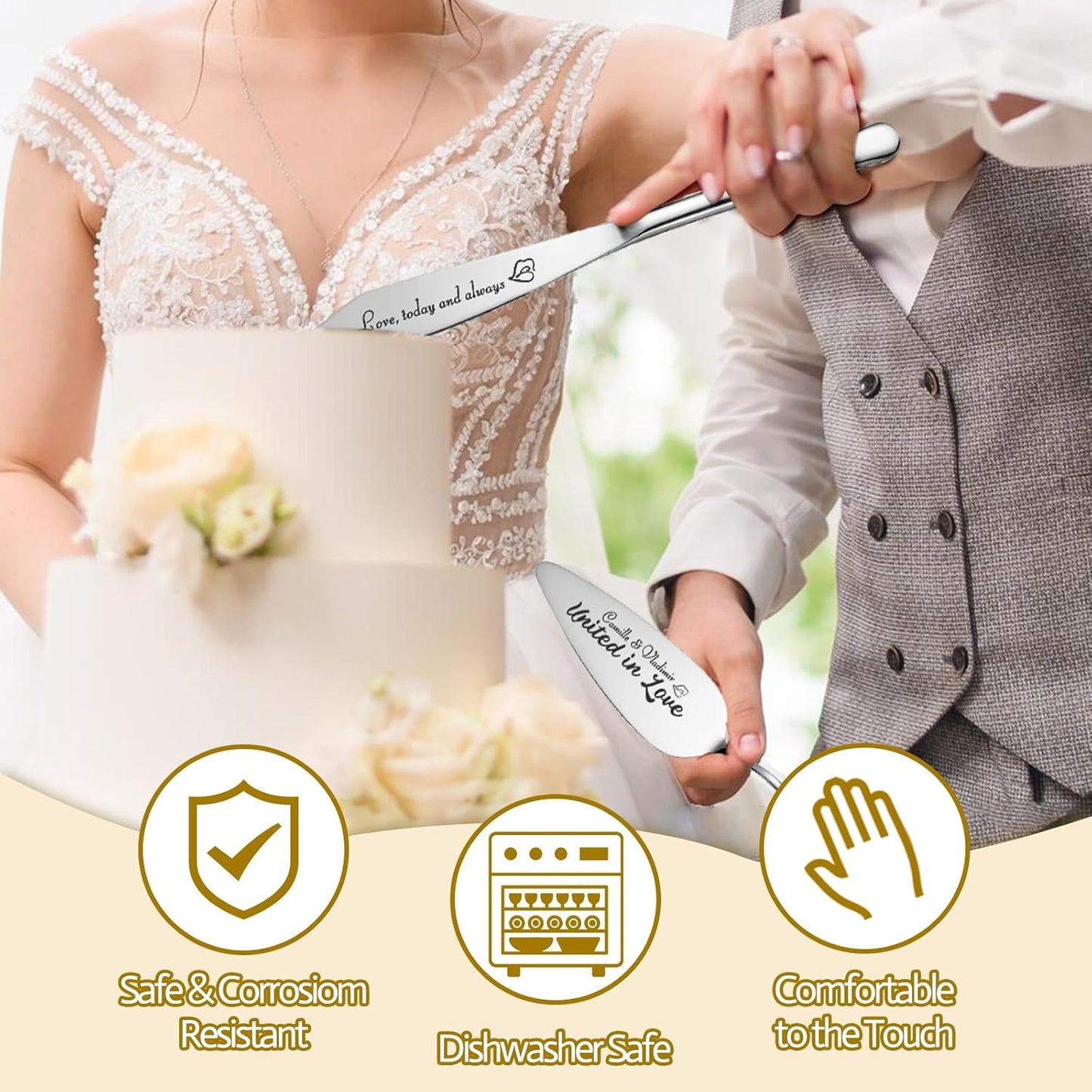 Personalized 4 Piece Wedding Cake Cutting Set, Custom Names Cake Knife and Server set with Forks, Anniversary Birthday Bridal Wedding Registry Gifts (Silver)