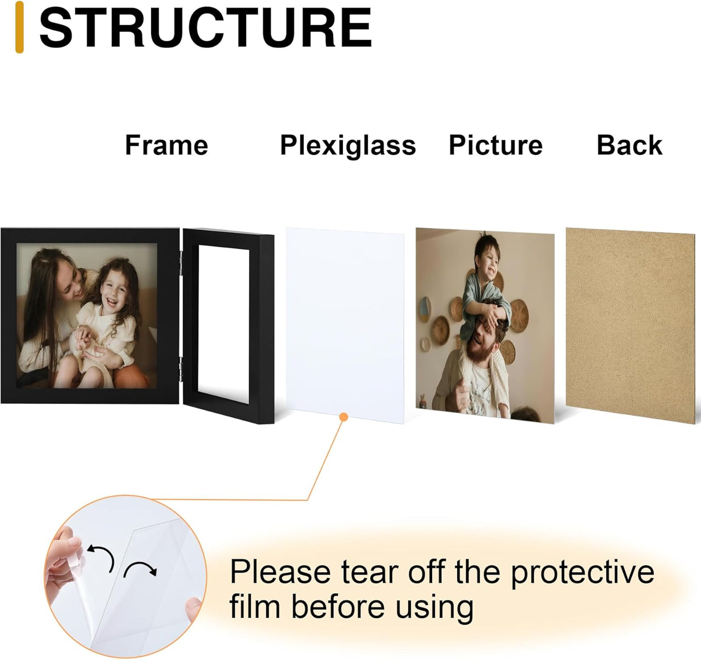 decorUhome Double 7x5 Picture Frame Vertical, Engineered Wood Bifold Photo Frame with Plexiglass for Tabletop Display, 7x5, Black