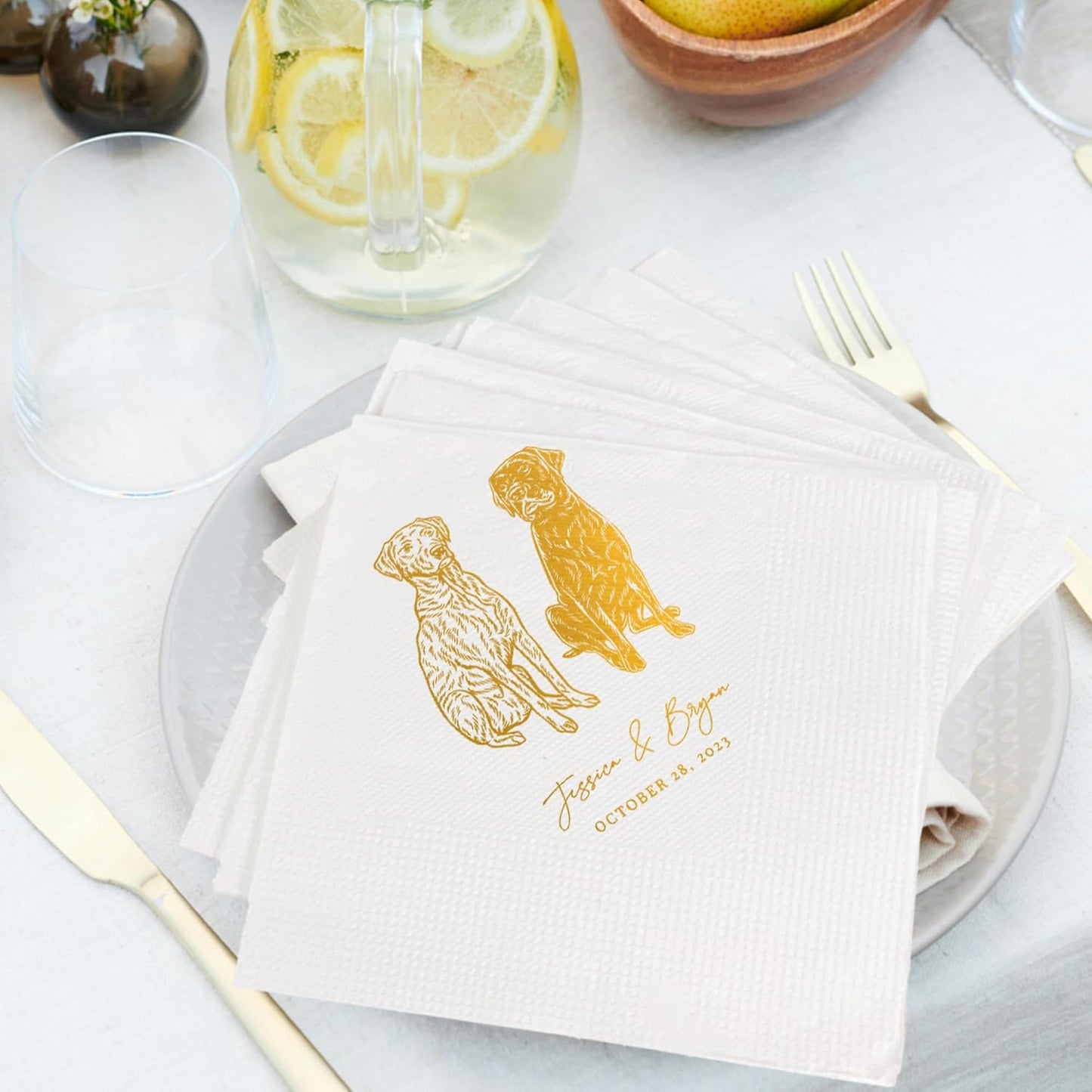 Luxury Custom Illustrated Dog Wedding Napkins, Custom Pet, Personalized Photo Napkins for Dog Wedding, Engagement Party