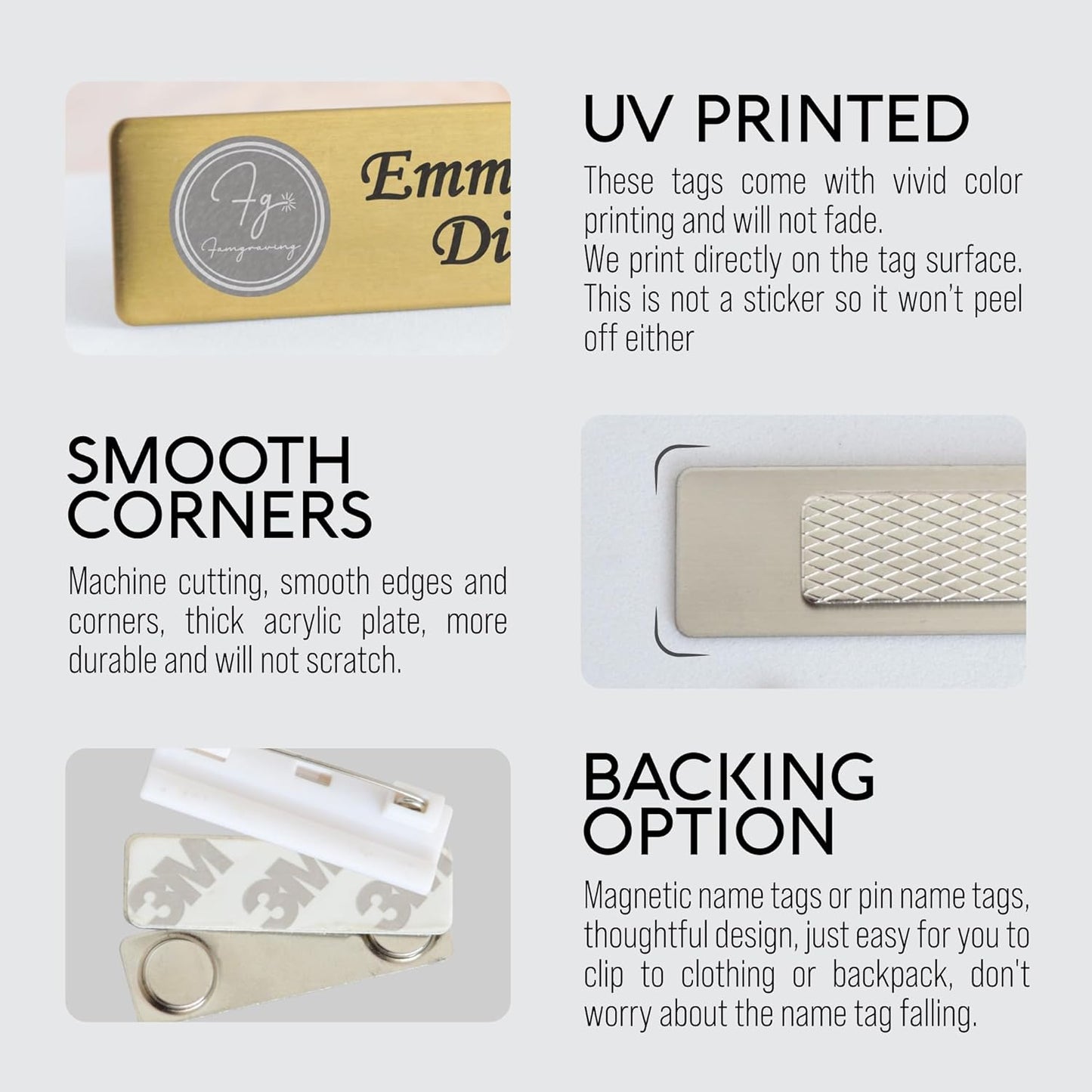 Personalized Name Tag Badges Identification Customized with Text & Logos, Acrylic Name ID for Clothing with Pin or Magnetic Backing, Gold & Silver Plates for Business or Employees