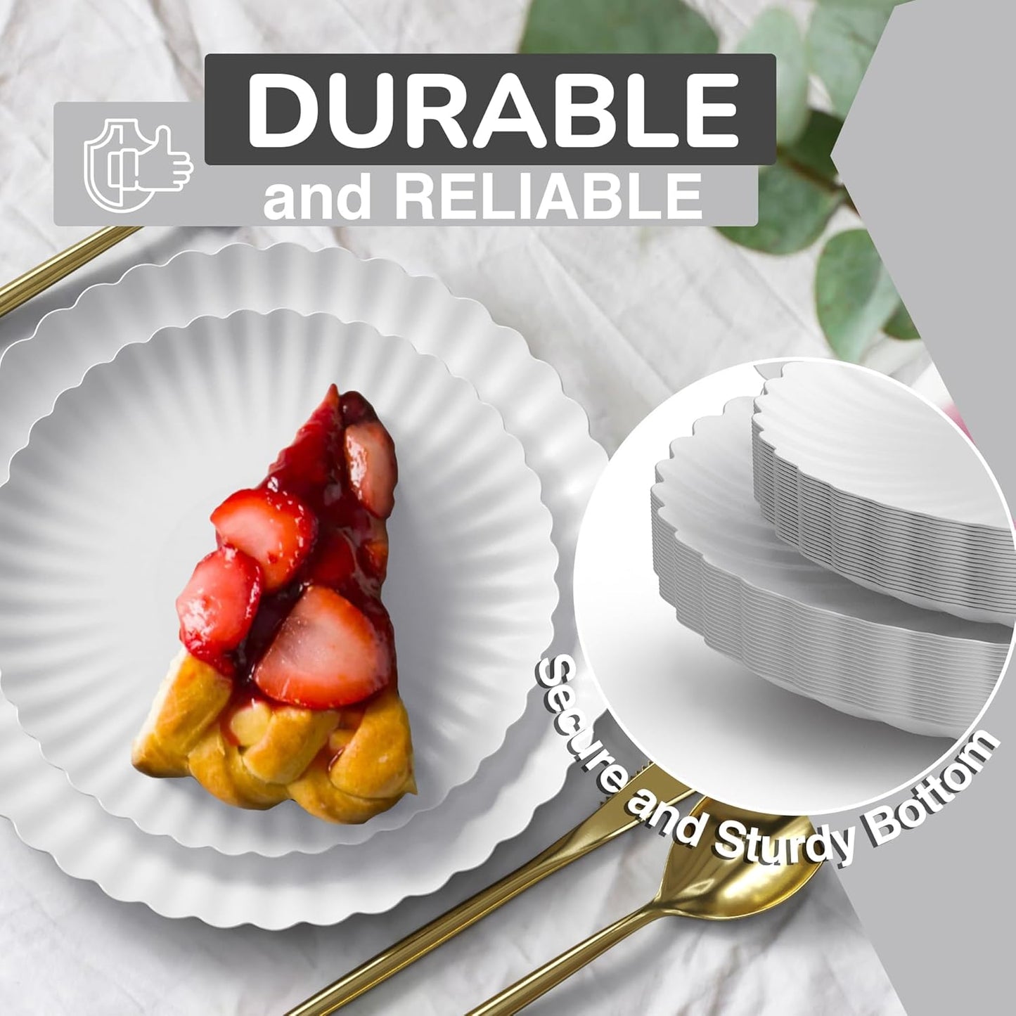 Trendables Scalloped Paper Plates 8.5 Inch & 10.5 Inch 40 Pcs Dinner Plate Set Fancy Disposable Plates for Party for 20 Guests 20 X 8 & 20 X 10 Large & Small Paper Plate Set for Parties Snow