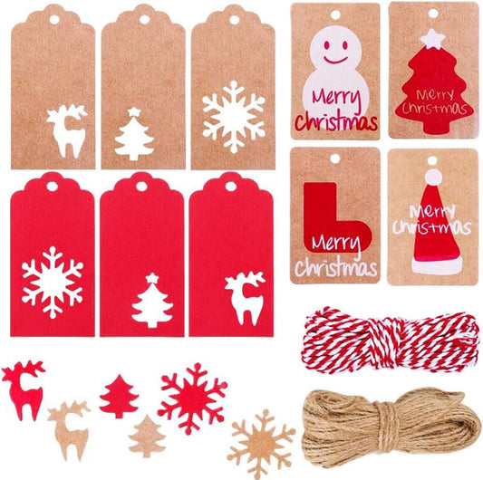 100 Pack Kraft Paper Christmas Gift Tags， Xmas Kraft Gift Tags with Jute Twine Baker Twine for DIY Xmas Holiday Present Wrap Stamp and Label Package Name Card