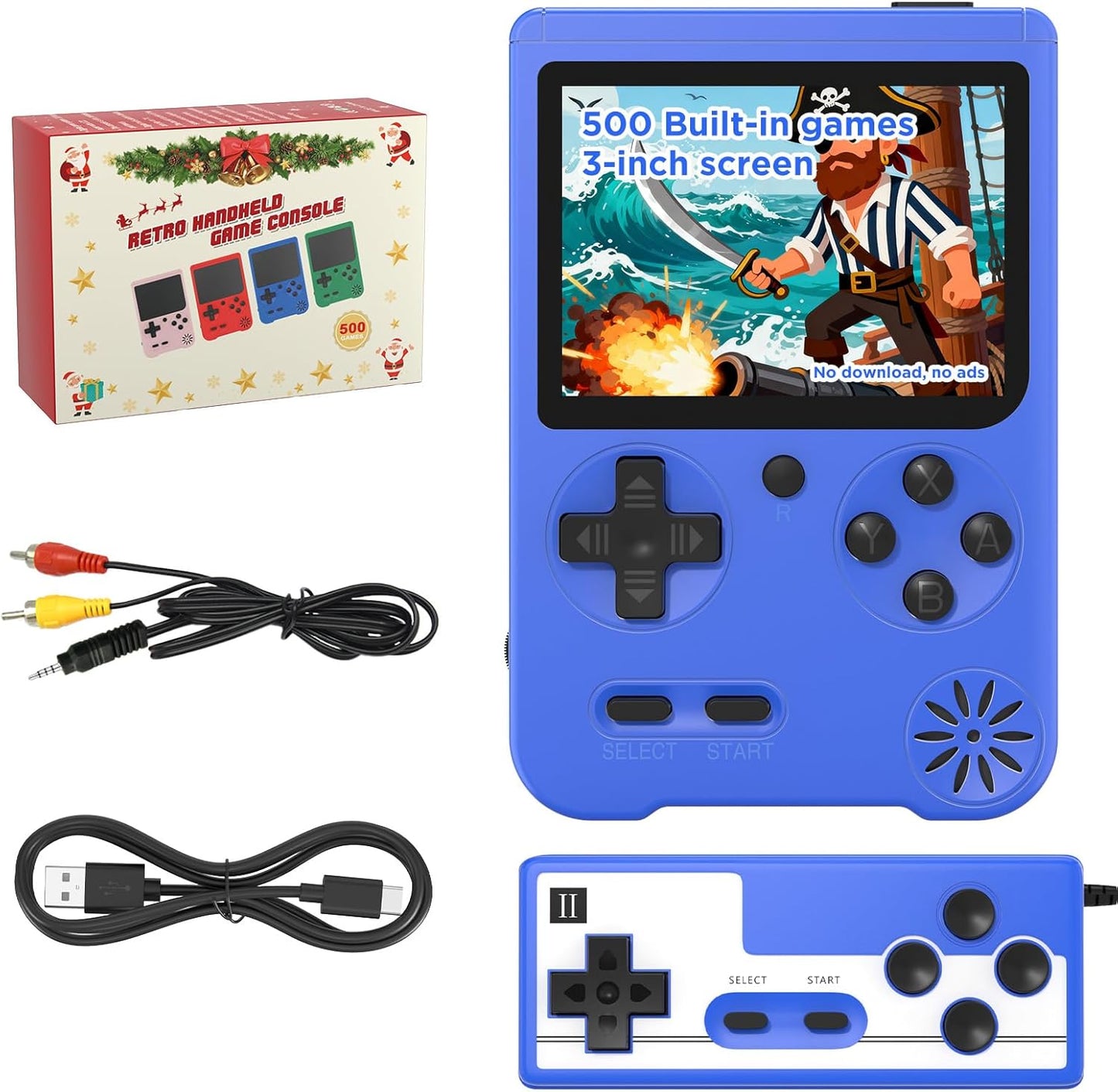 Retro Handheld Game Console, 3-inch LCD Screen Portable Game Console with 500 Built-in Classic Games ,1200mAh Rechargeable Battery, Plug & Play Video Games, Suitable for Adults - Blue