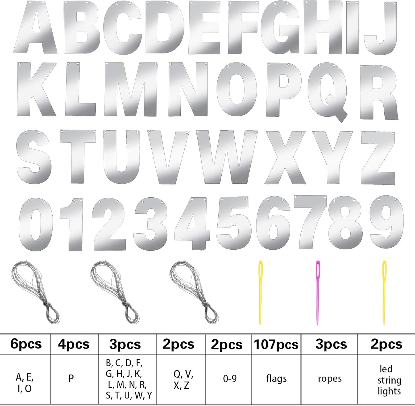 TaoBary 112 Pcs DIY Letter Kit Glitter Customizable Banner Letters Include 107 Letters and Numbers 3 Rope and 2 Needles for Birthday Halloween Christmas Wedding Valentine Party Decor(Glossy Silver)