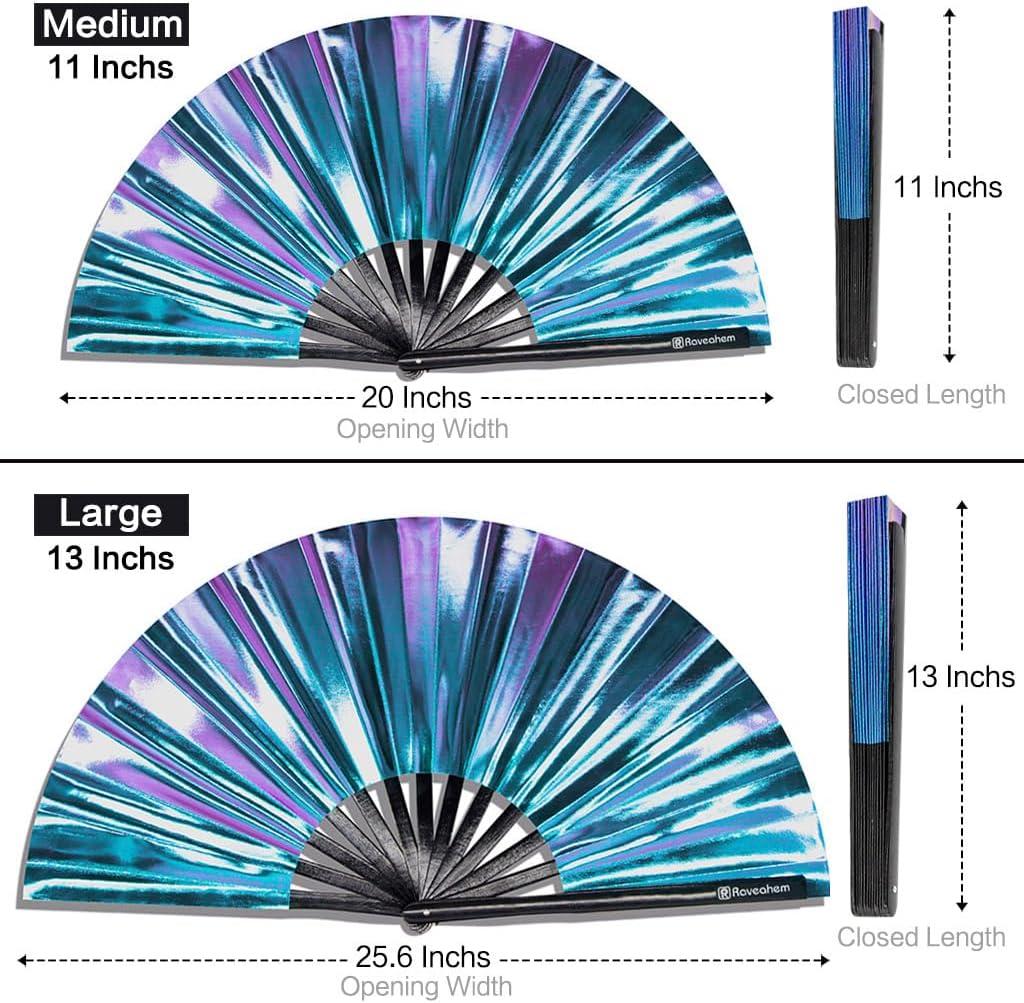 Large Rave Fan, Clack Folding Hand Fan with Premium Fabric, Thick Bamboo Frame for Men Women Gift for EDM, Festival, Club, Party, Dance, Decoration (Holographic Blue-Purple, 11")